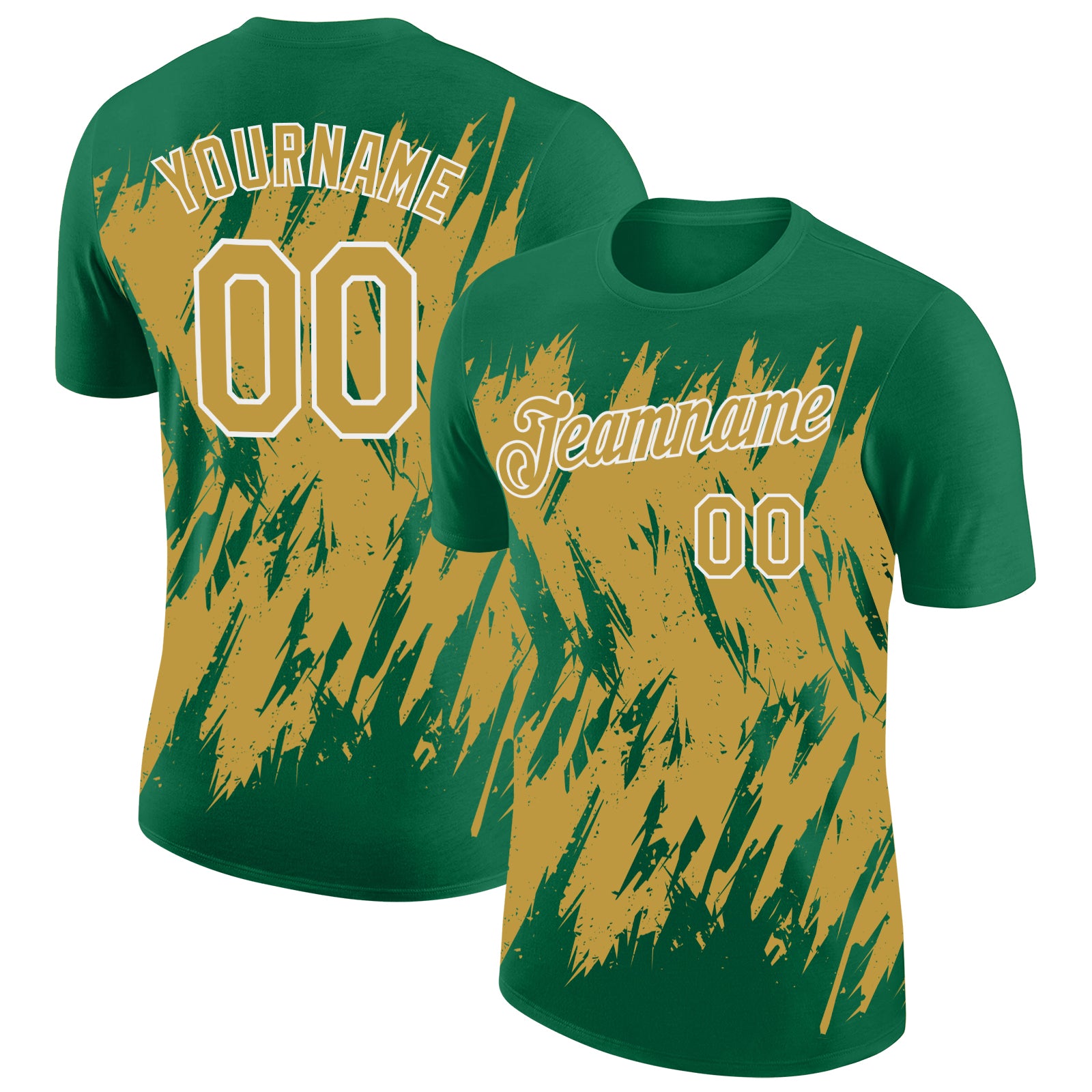 Custom Kelly Green Old Gold-White Torn Sharp Brush Stroke Splatter Performance T-Shirt