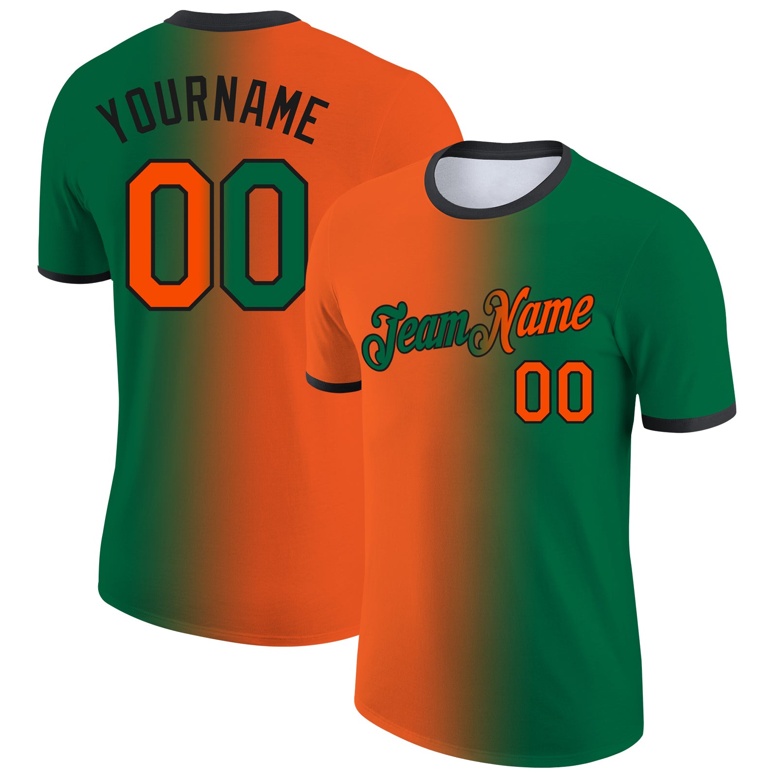 Custom Kelly Green Orange-Black Gradient Fashion Performance T-Shirt