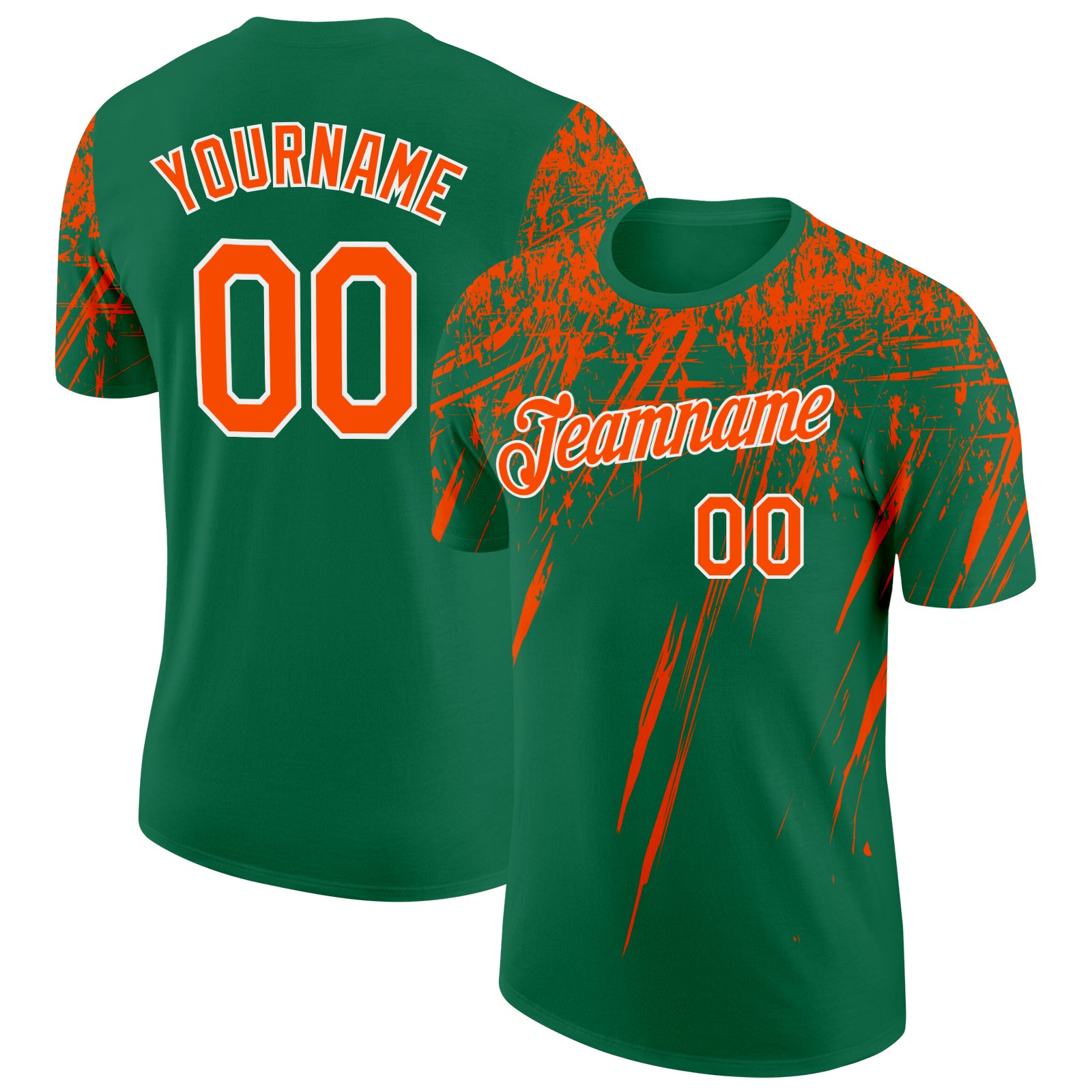 Custom Kelly Green Orange-White Distressed Scratch Brush Stroke Performance T-Shirt
