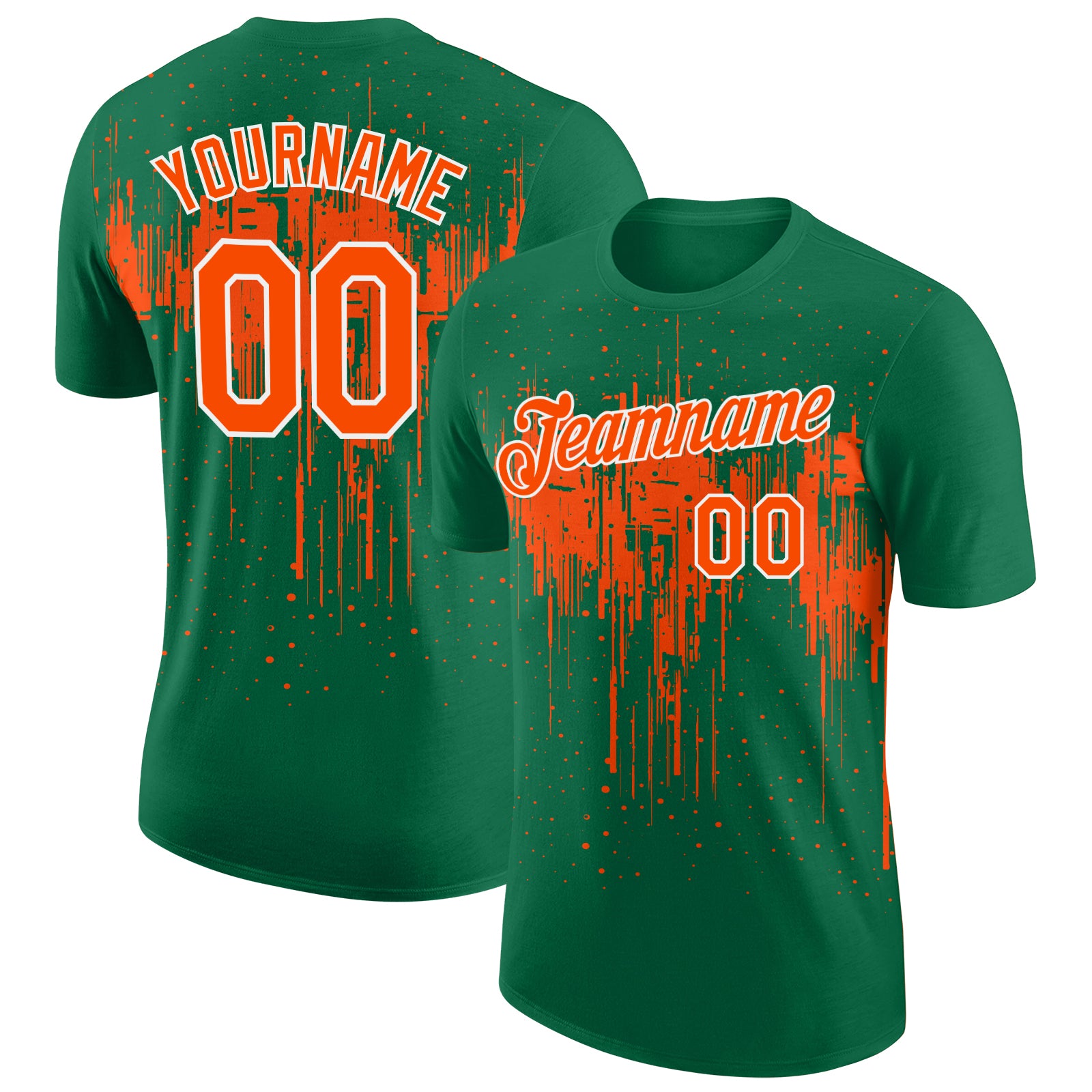 Custom Kelly Green Orange-White Dripping Splatter Paint Performance T-Shirt