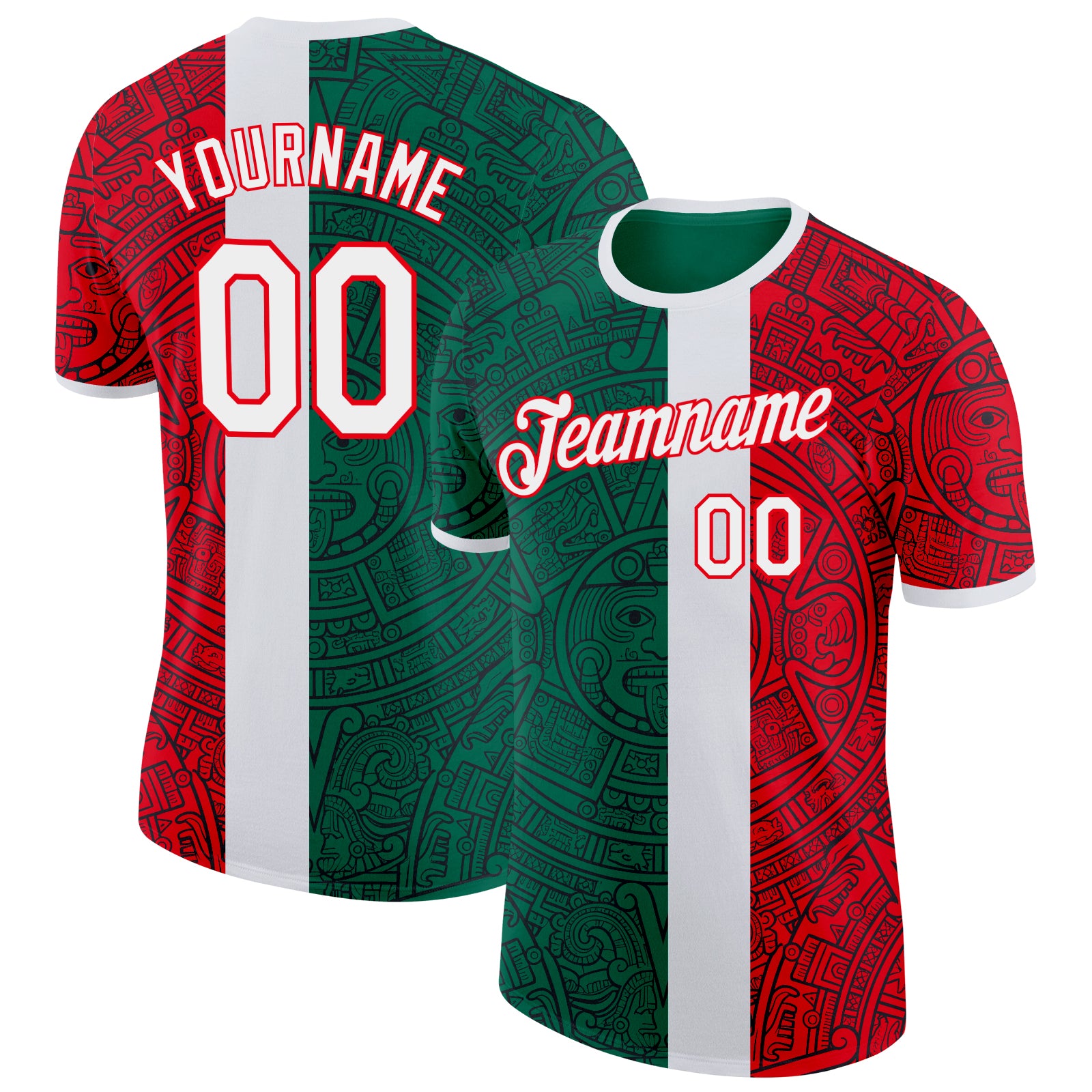 Custom Kelly Green White-Fire Red Mexico Tribal Performance T-Shirt