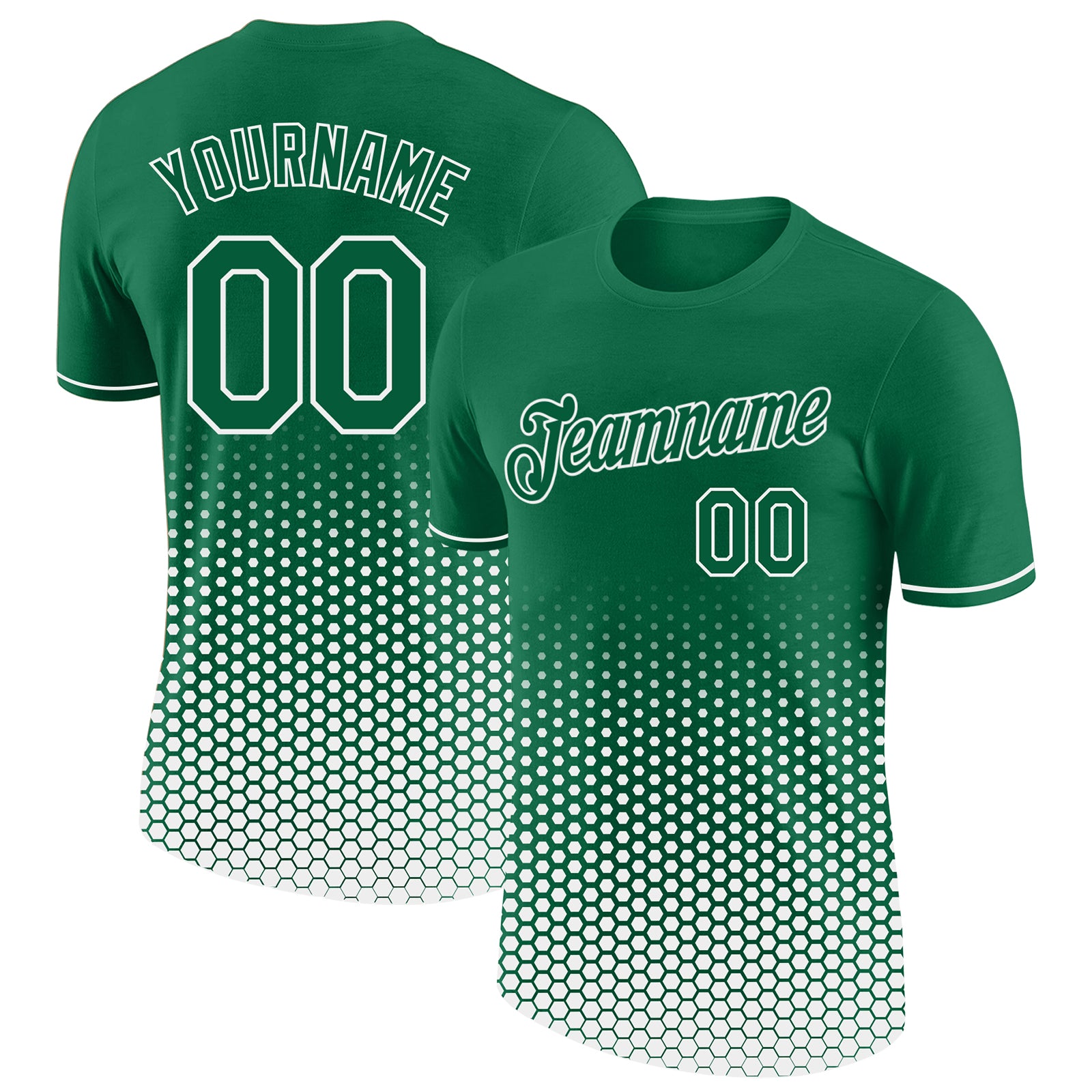 Custom Kelly Green-White Geometric Hexagonal Dot Gradient Performance T-Shirt