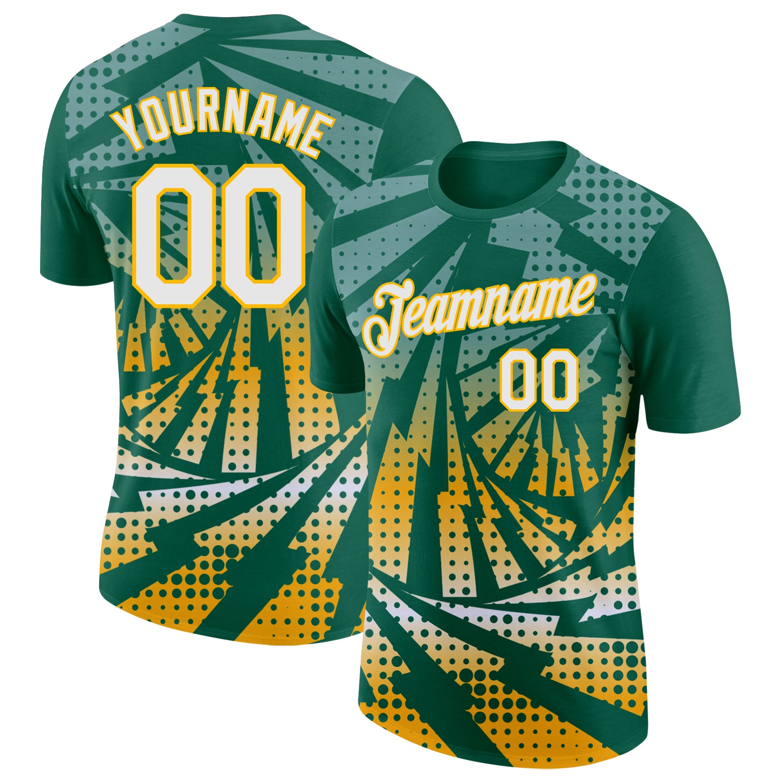 Custom Kelly Green White-Gold Lightning Gradient Dot Performance T-Shirt