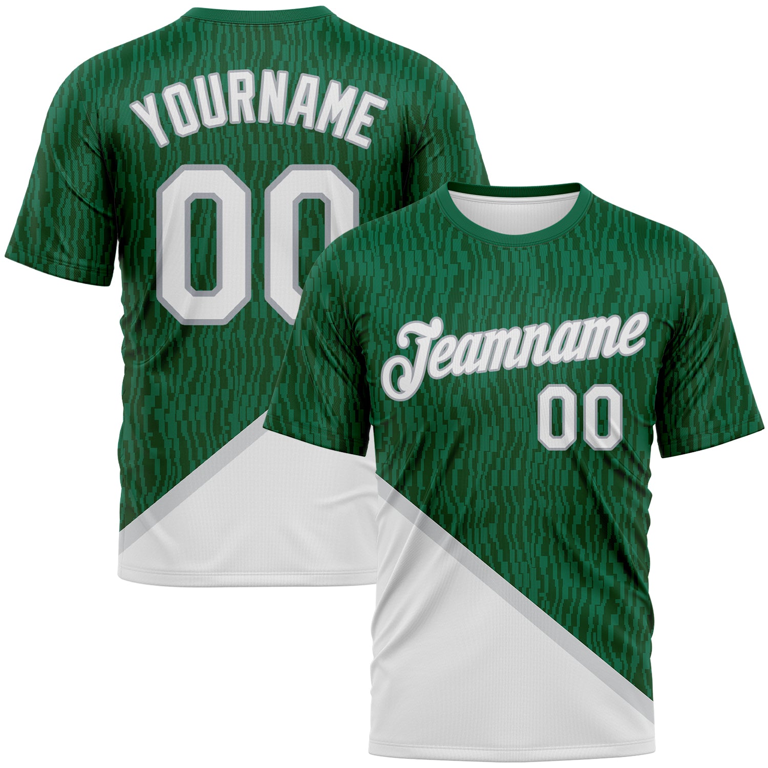 Custom Kelly Green White-Gray 3D Pattern Subtle Diagonal Split Performance T-Shirt
