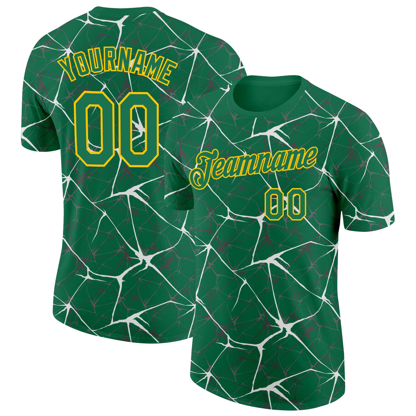 Custom Kelly Green White Gray-Yellow Abstract Network Crackle Performance T-Shirt