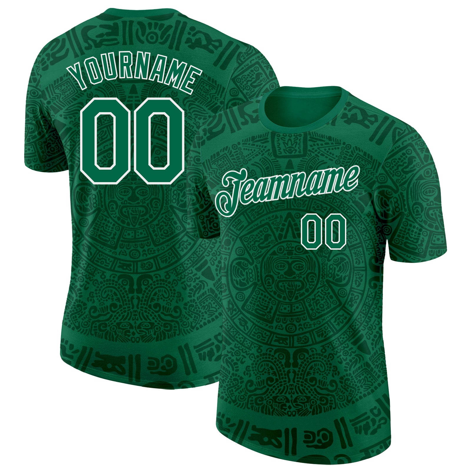 Custom Kelly Green-White Tribal Ethnic Aztec Sun Stone 3D Pattern Performance T-Shirt