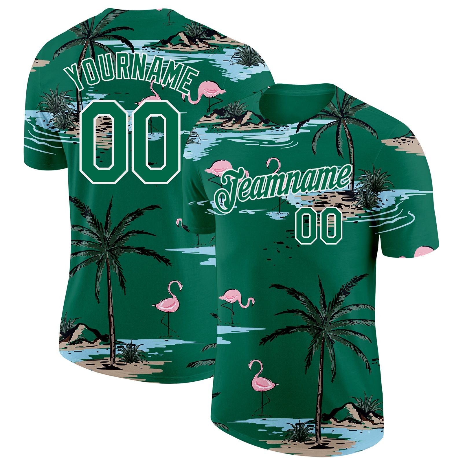 Custom Kelly Green-White Tropical Hawaii Palm Trees Summer Beach Flamingo Performance T-Shirt