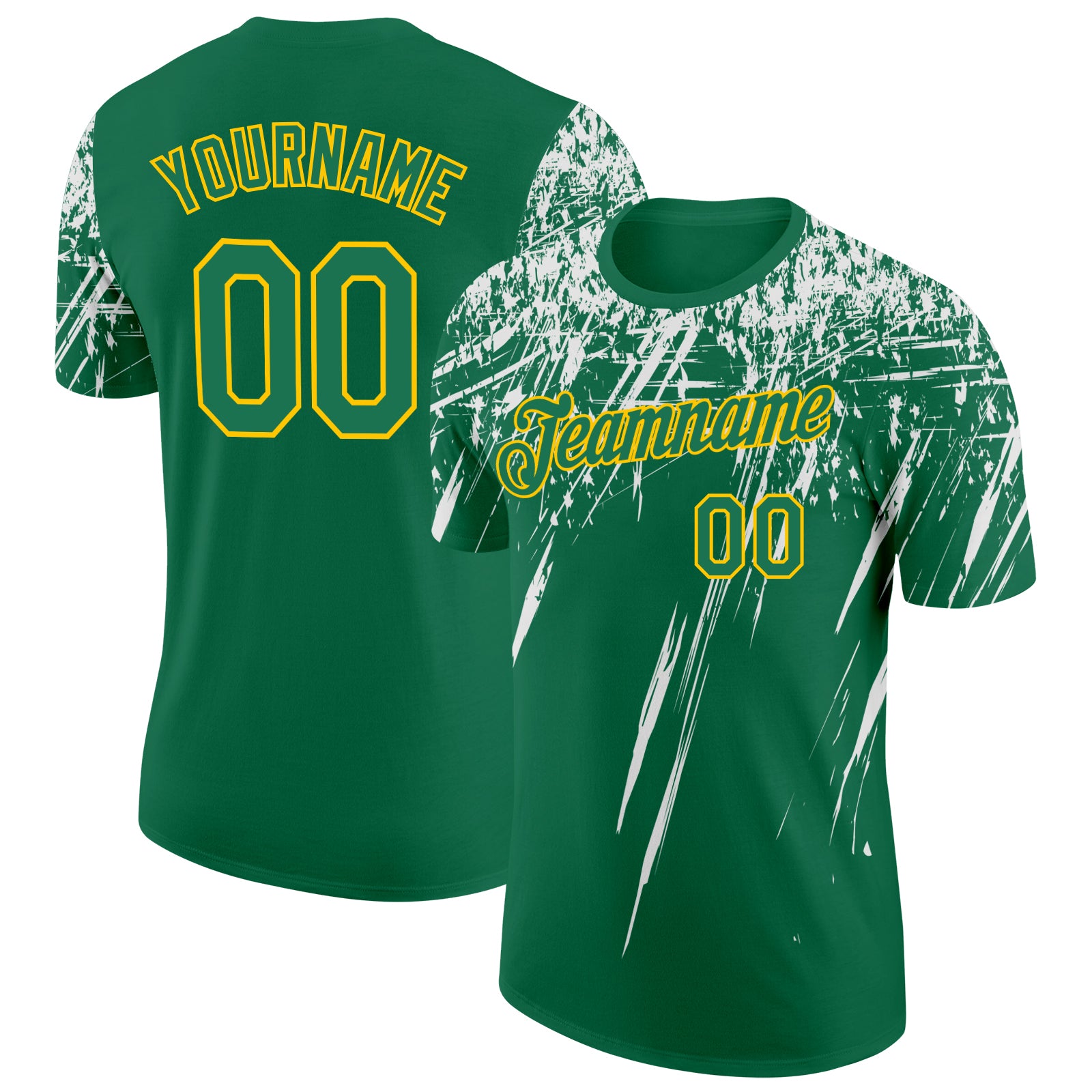 Custom Kelly Green White-Yellow Distressed Scratch Brush Stroke Performance T-Shirt