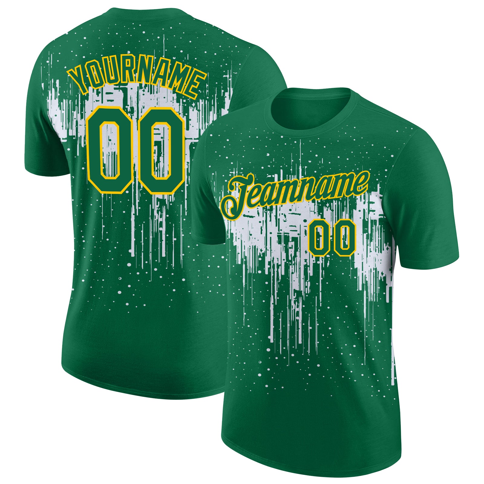 Custom Kelly Green White-Yellow Dripping Splatter Paint Performance T-Shirt