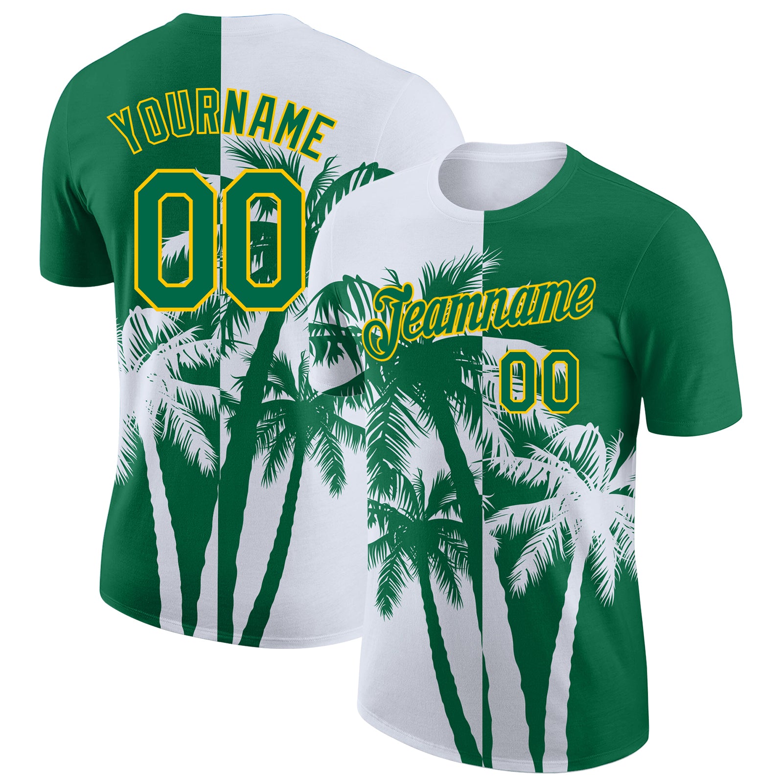 Custom Kelly Green White-Yellow Hawaii Tropical Coastal Palm Trees Performance T-Shirt