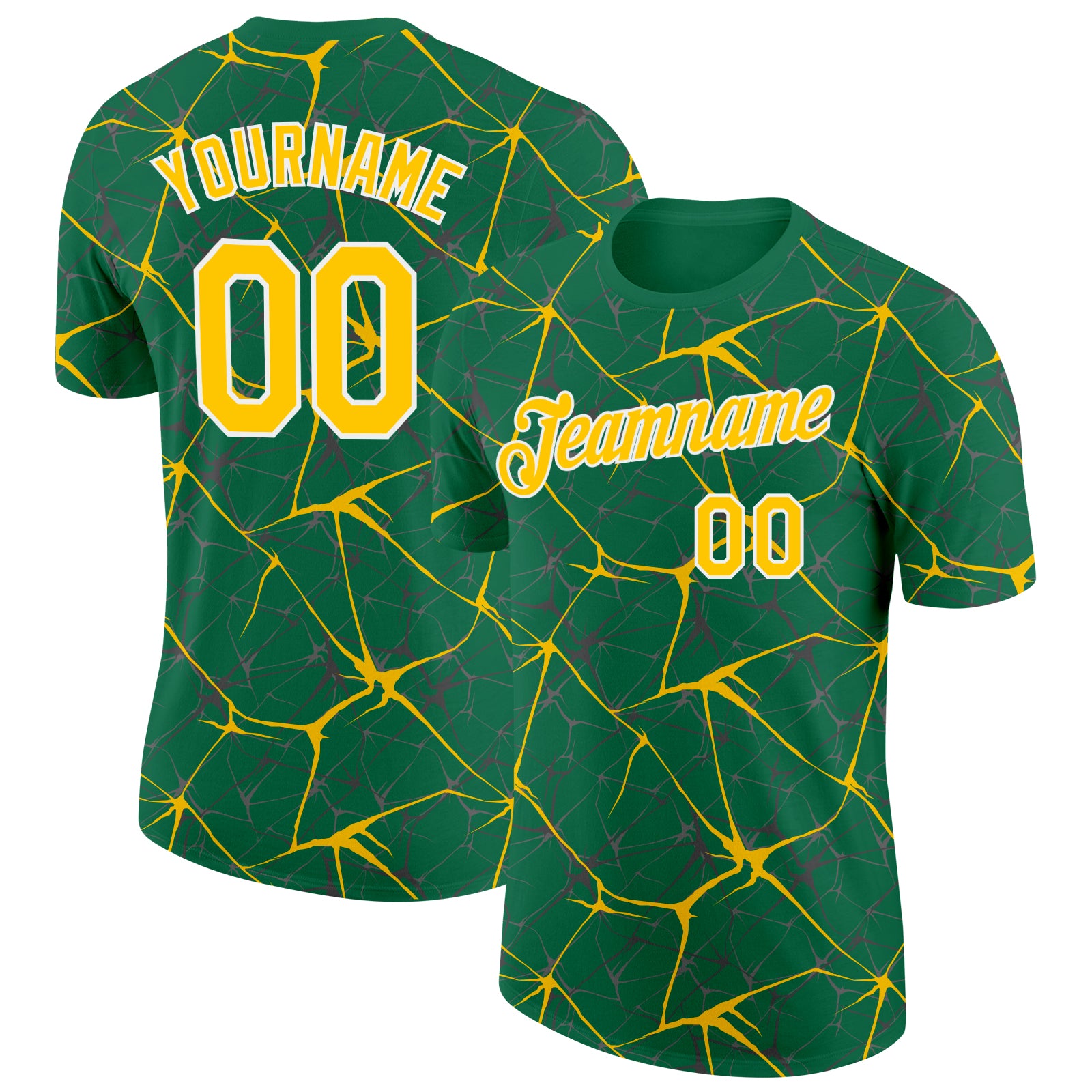 Custom Kelly Green Yellow Gray-White Abstract Network Crackle Performance T-Shirt