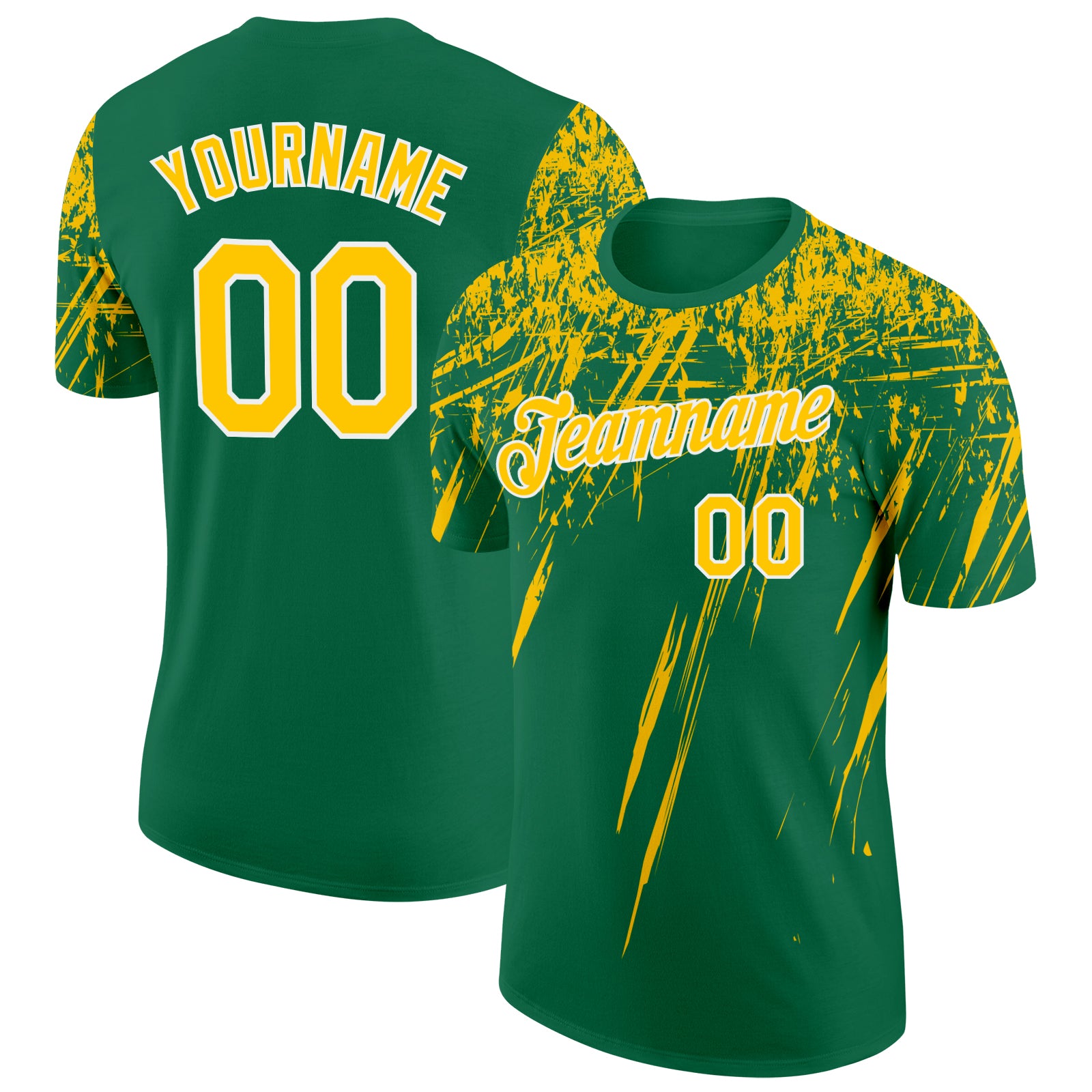 Custom Kelly Green Yellow-White Distressed Scratch Brush Stroke Performance T-Shirt