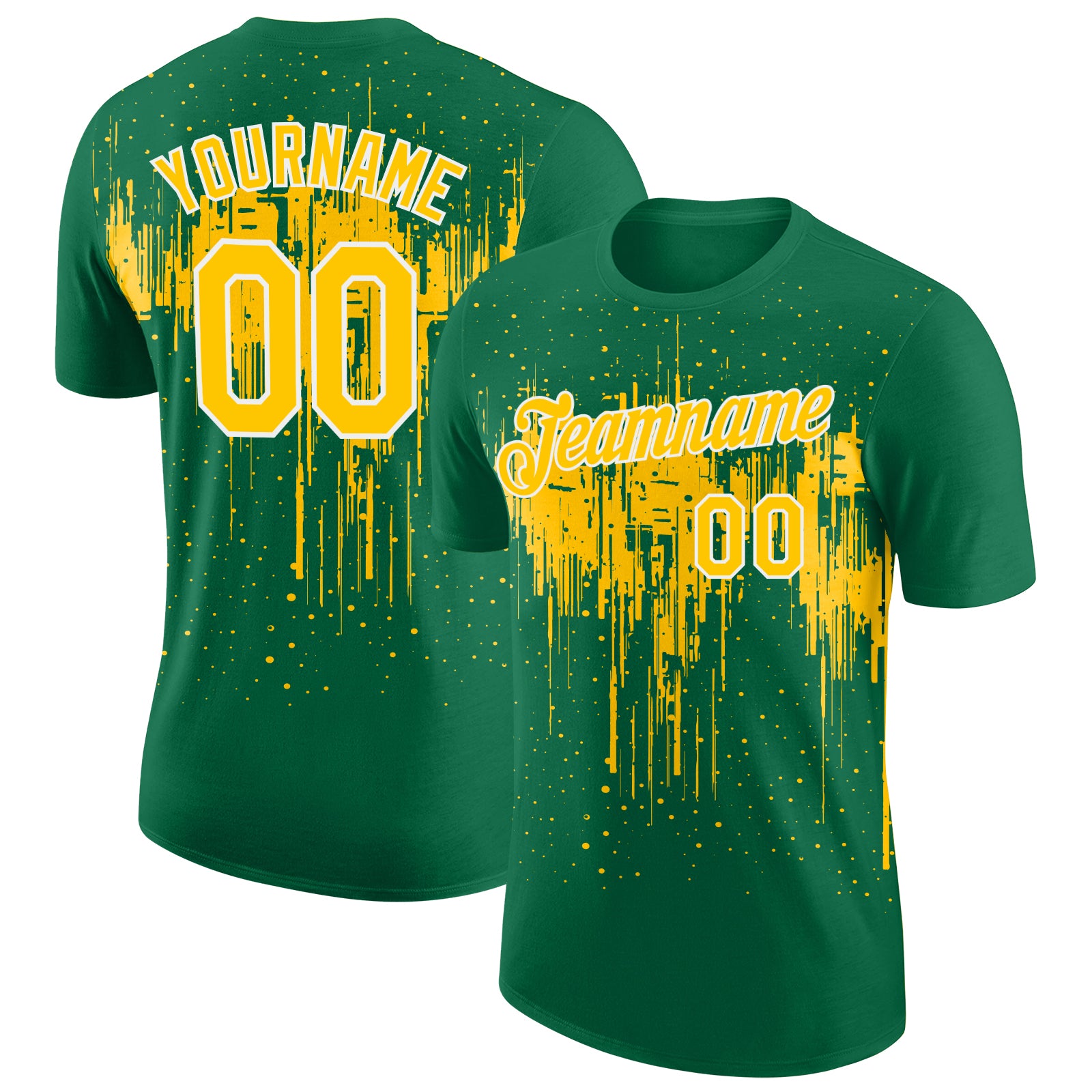 Custom Kelly Green Yellow-White Dripping Splatter Paint Performance T-Shirt