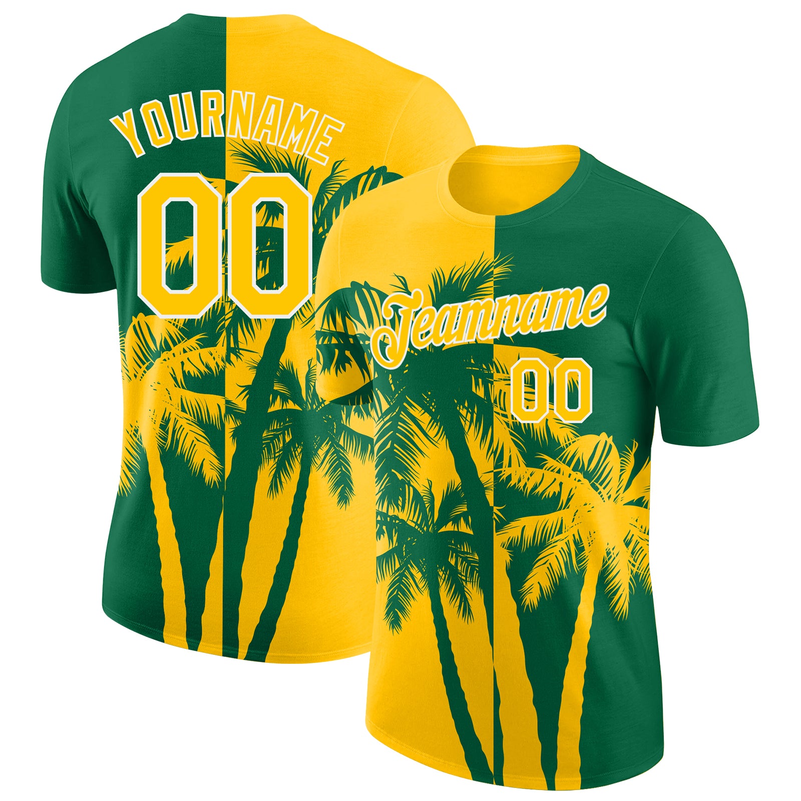 Custom Kelly Green Yellow-White Hawaii Tropical Coastal Palm Trees Performance T-Shirt