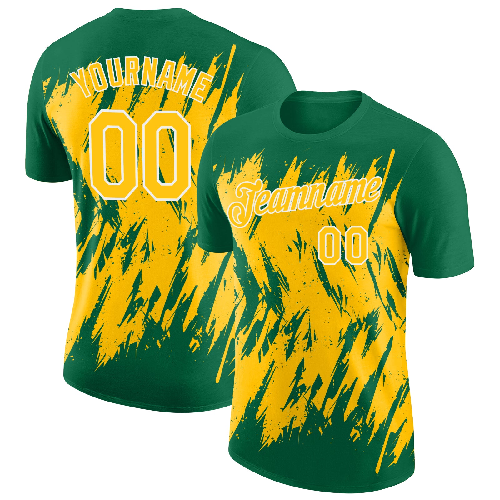 Custom Kelly Green Yellow-White Torn Sharp Brush Stroke Splatter Performance T-Shirt