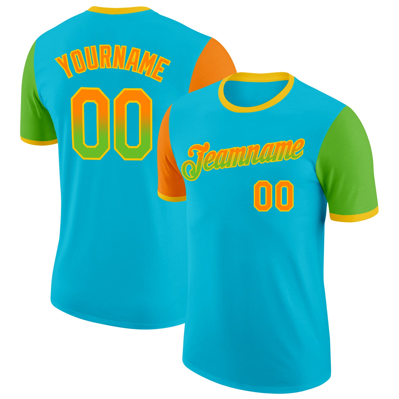 Custom Lakes Blue Bay Orange Aurora Green-Yellow Gradient Two Tone Performance T-Shirt