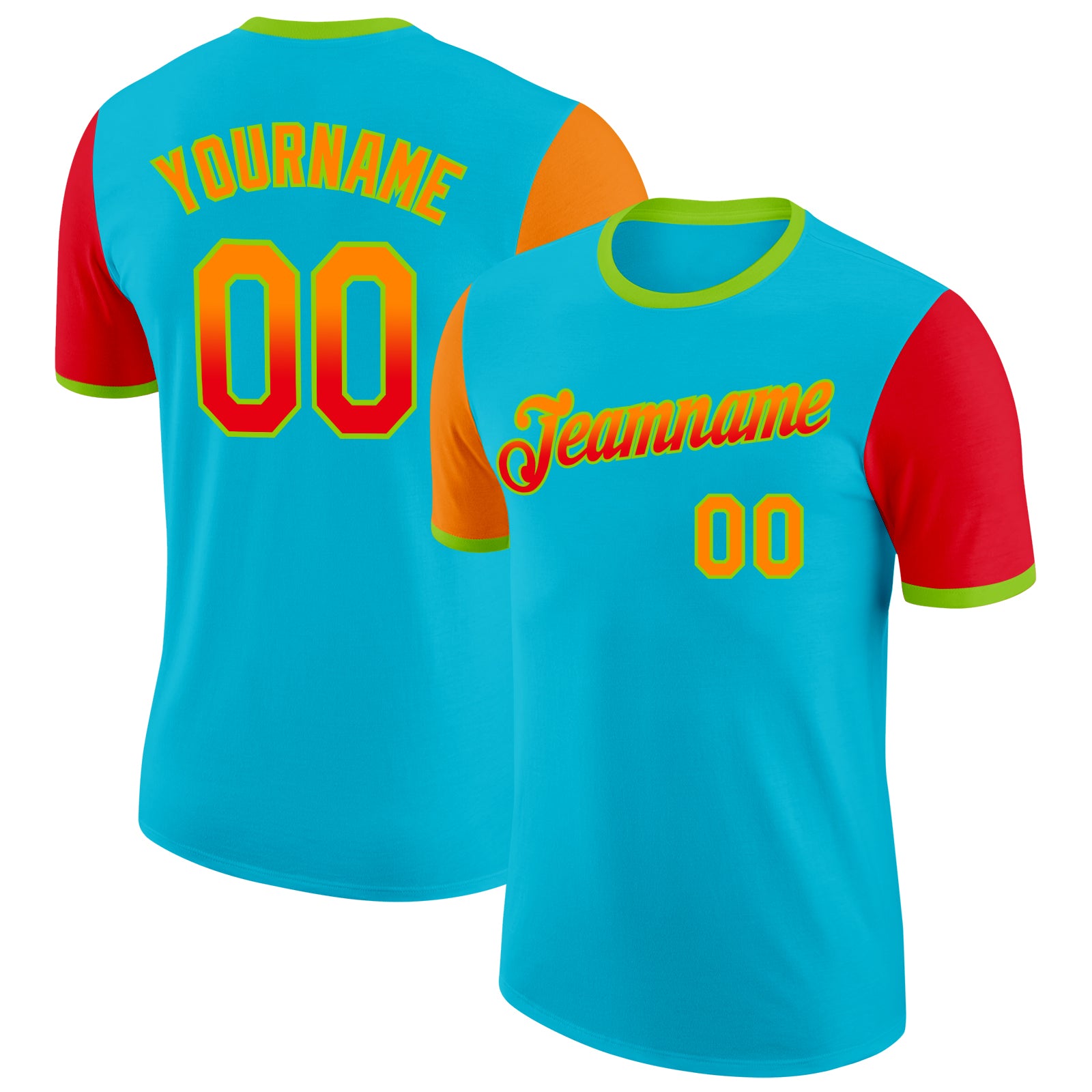 Custom Lakes Blue Bay Orange Fire Red-Neon Green Gradient Two Tone Performance T-Shirt