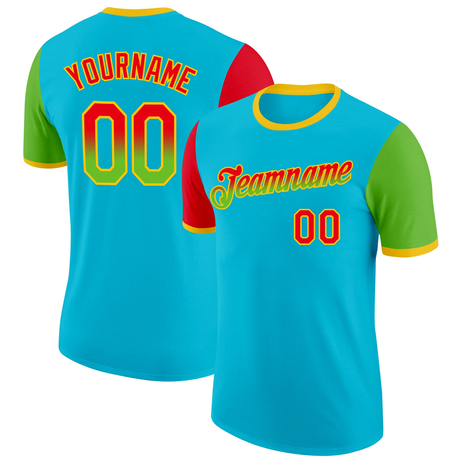 Custom Lakes Blue Fire Red Aurora Green-Yellow Gradient Two Tone Performance T-Shirt