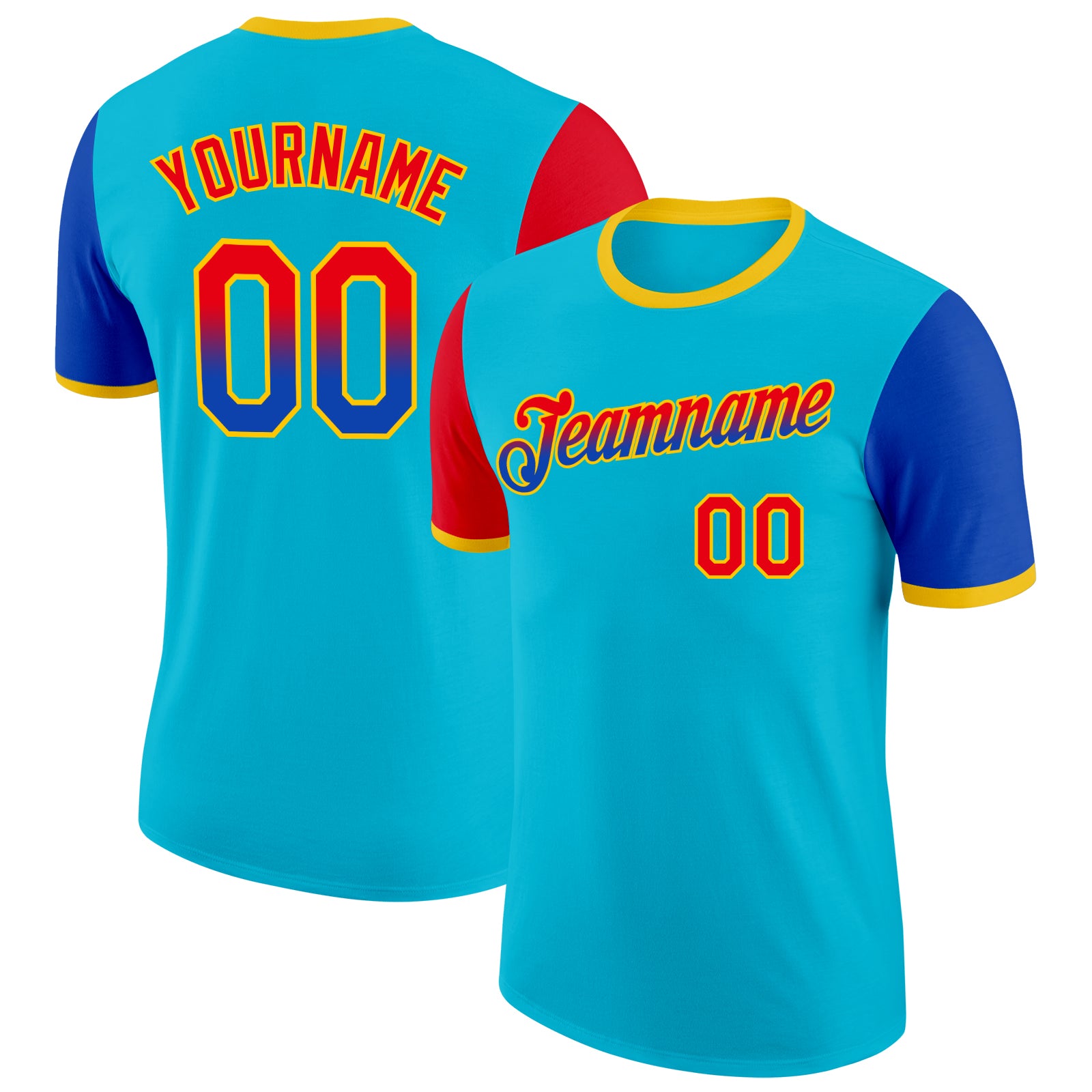 Custom Lakes Blue Fire Red Thunder Blue-Yellow Gradient Two Tone Performance T-Shirt