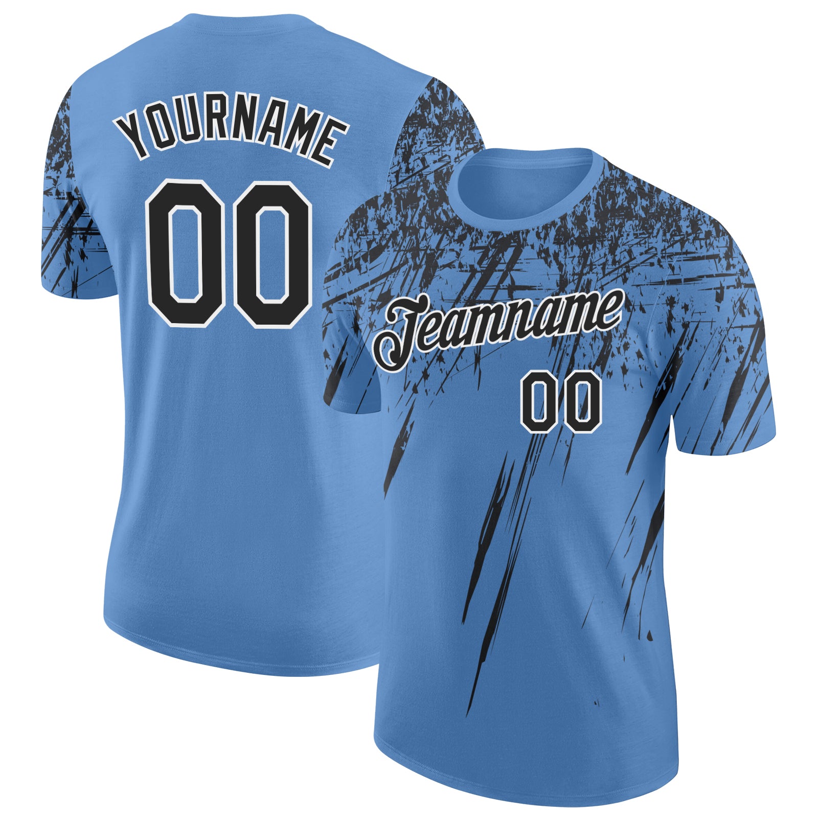 Custom Light Blue Black-White Distressed Scratch Brush Stroke Performance T-Shirt