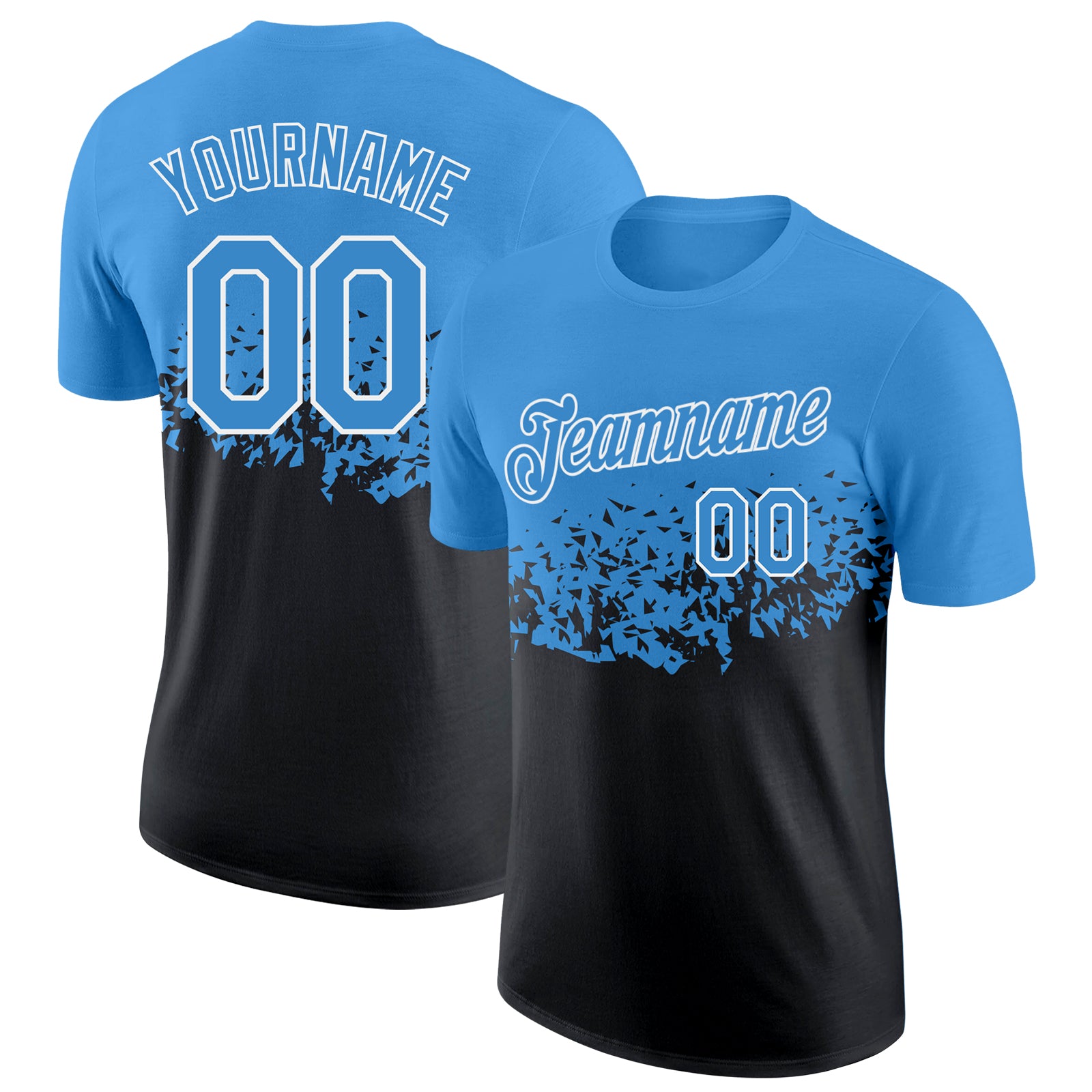Custom Light Blue Black-White Fade Geometric Splatter Fragmented Shards Performance T-Shirt