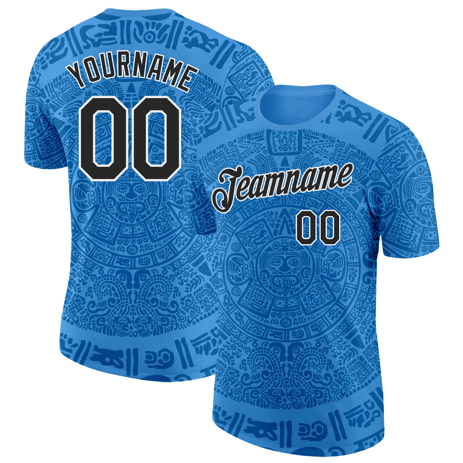 Custom Light Blue Black-White Tribal Ethnic Aztec Sun Stone 3D Pattern Performance T-Shirt