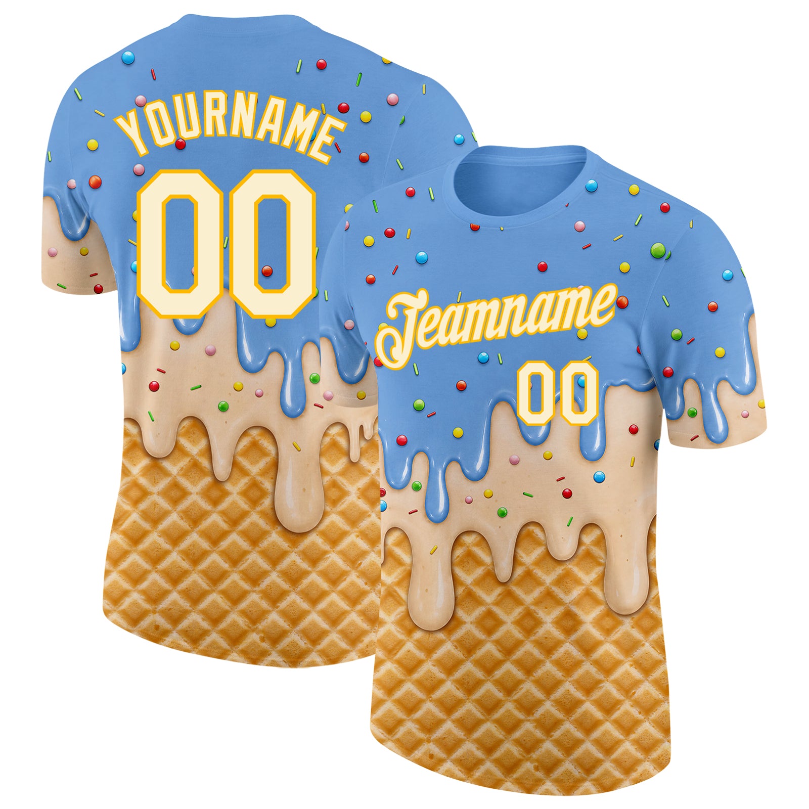 Custom Light Blue Cream-Gold Ice Cream Waffle Foodie Dessert Performance T-Shirt