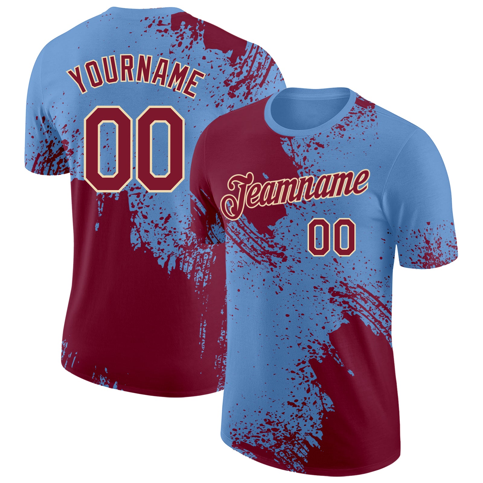 Custom Light Blue Crimson-Cream Abstract Brush Stroke Performance T-Shirt