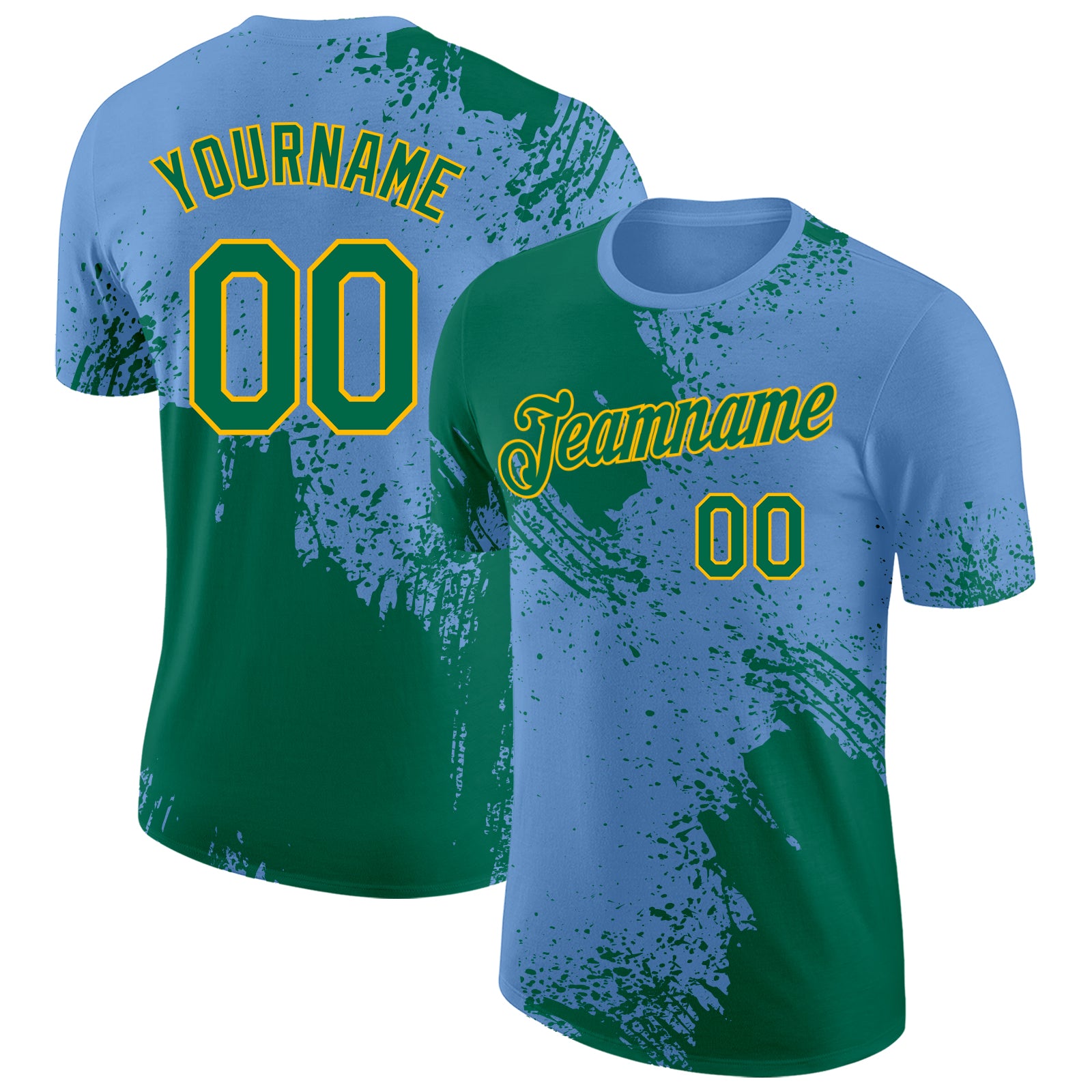 Custom Light Blue Kelly Green-Gold Abstract Brush Stroke Performance T-Shirt