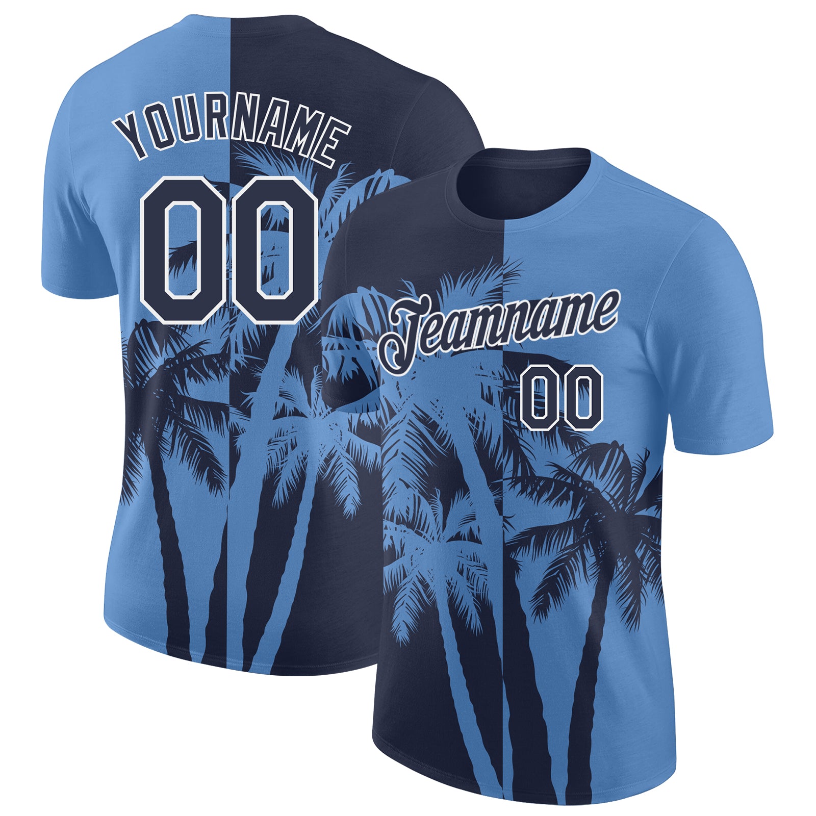 Custom Light Blue Navy-White Hawaii Tropical Coastal Palm Trees Performance T-Shirt