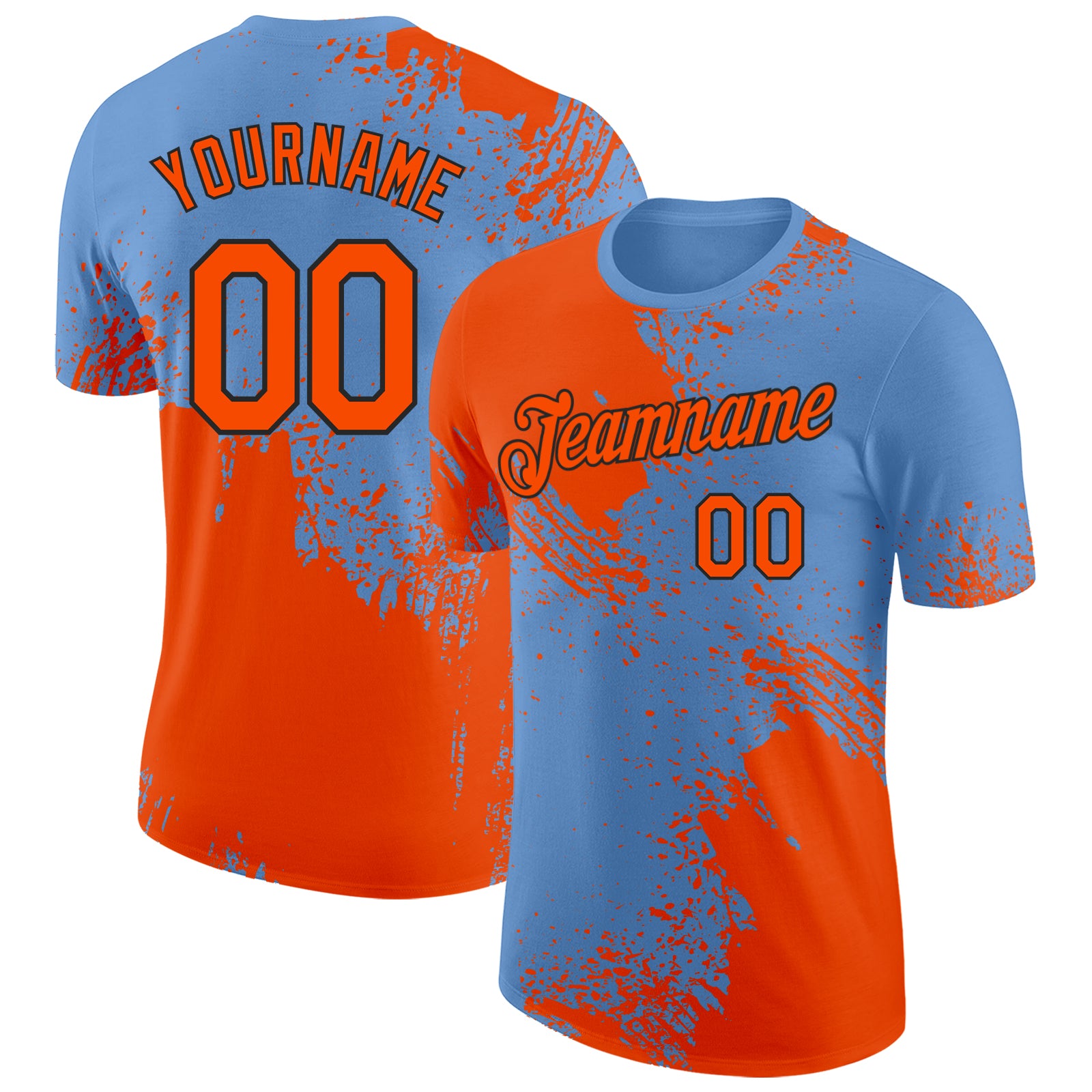 Custom Light Blue Orange-Black Abstract Brush Stroke Performance T-Shirt