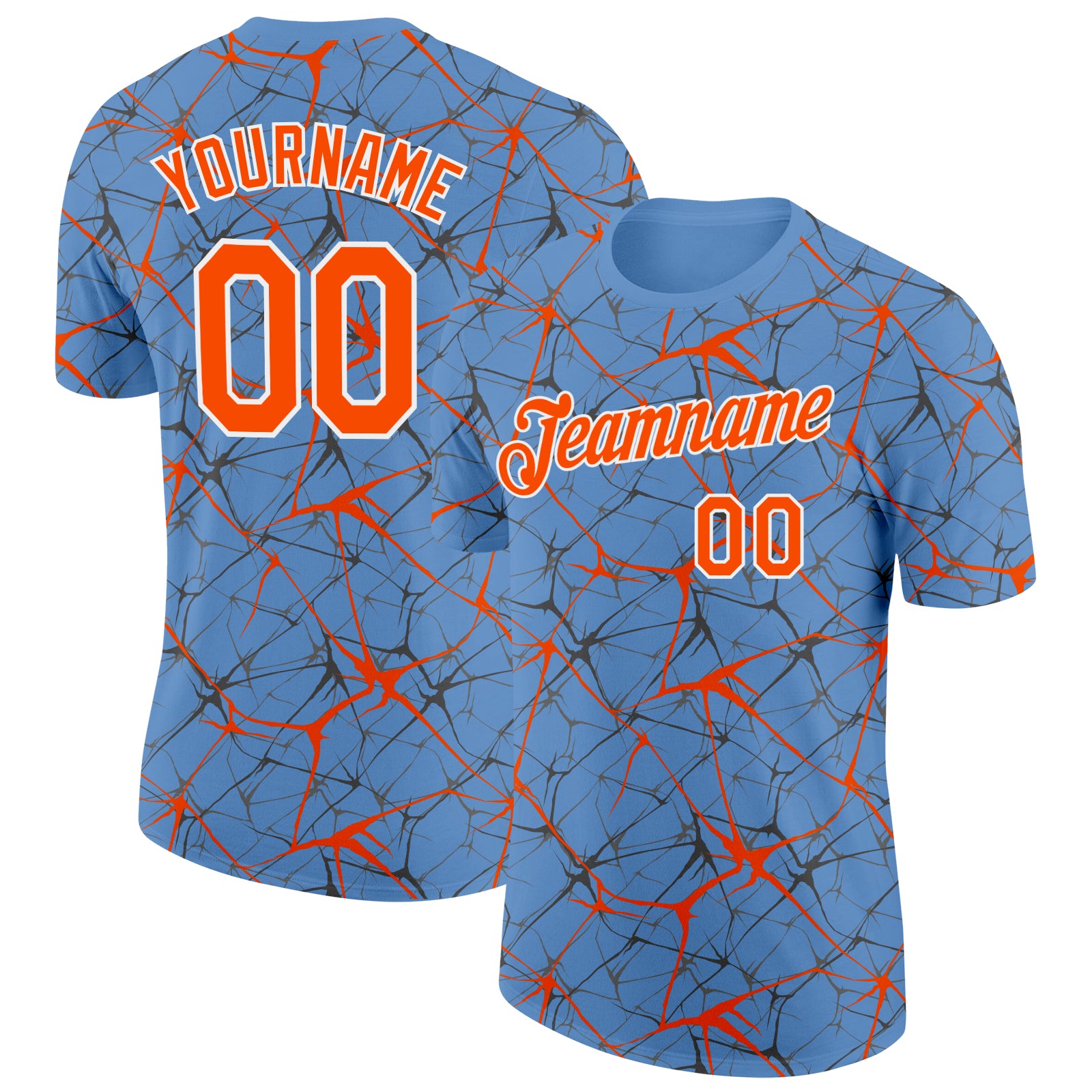 Custom Light Blue Orange Gray-White Abstract Network Crackle Performance T-Shirt