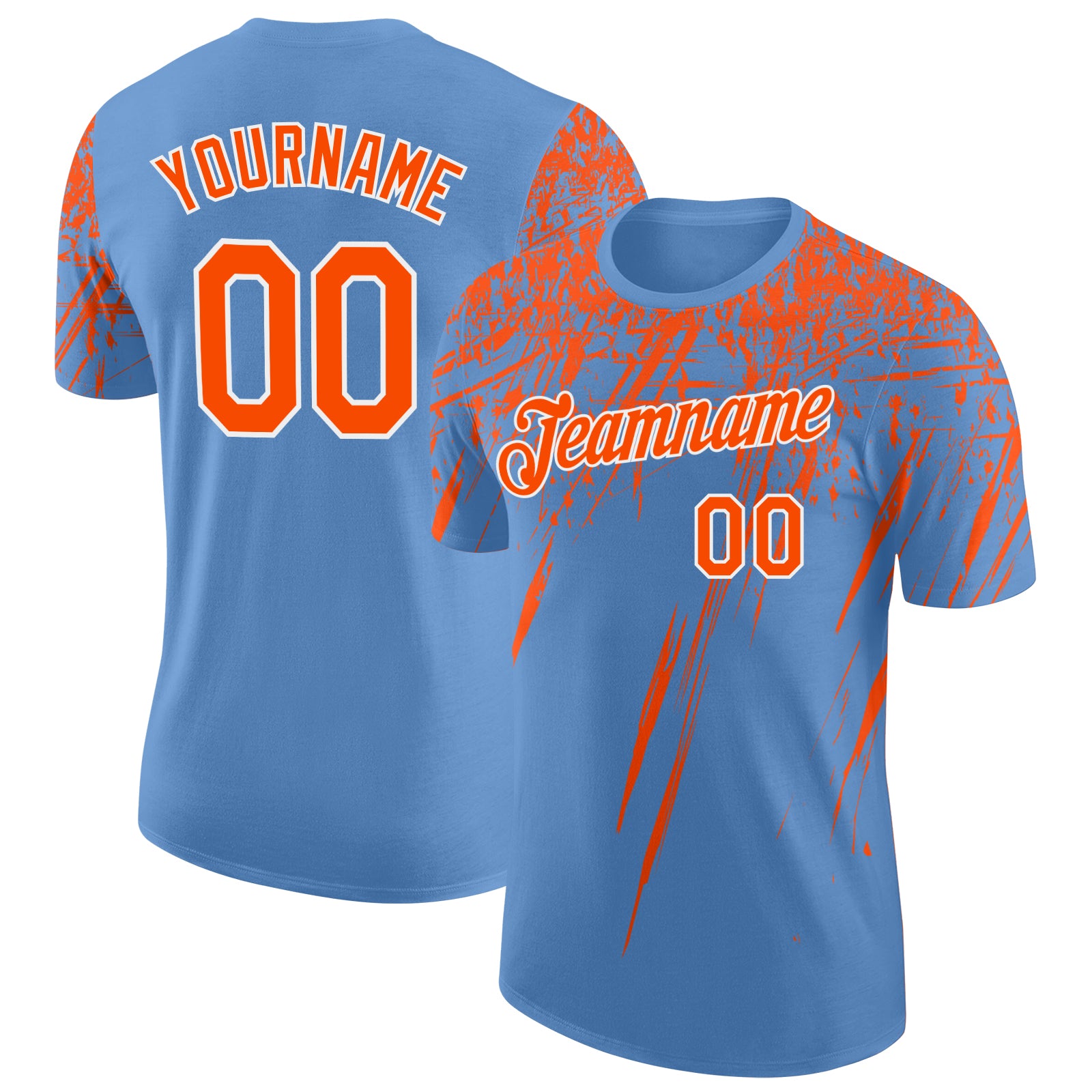 Custom Light Blue Orange-White Distressed Scratch Brush Stroke Performance T-Shirt
