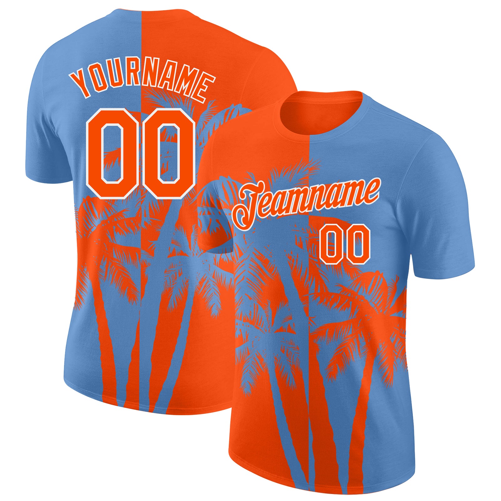 Custom Light Blue Orange-White Hawaii Tropical Coastal Palm Trees Performance T-Shirt