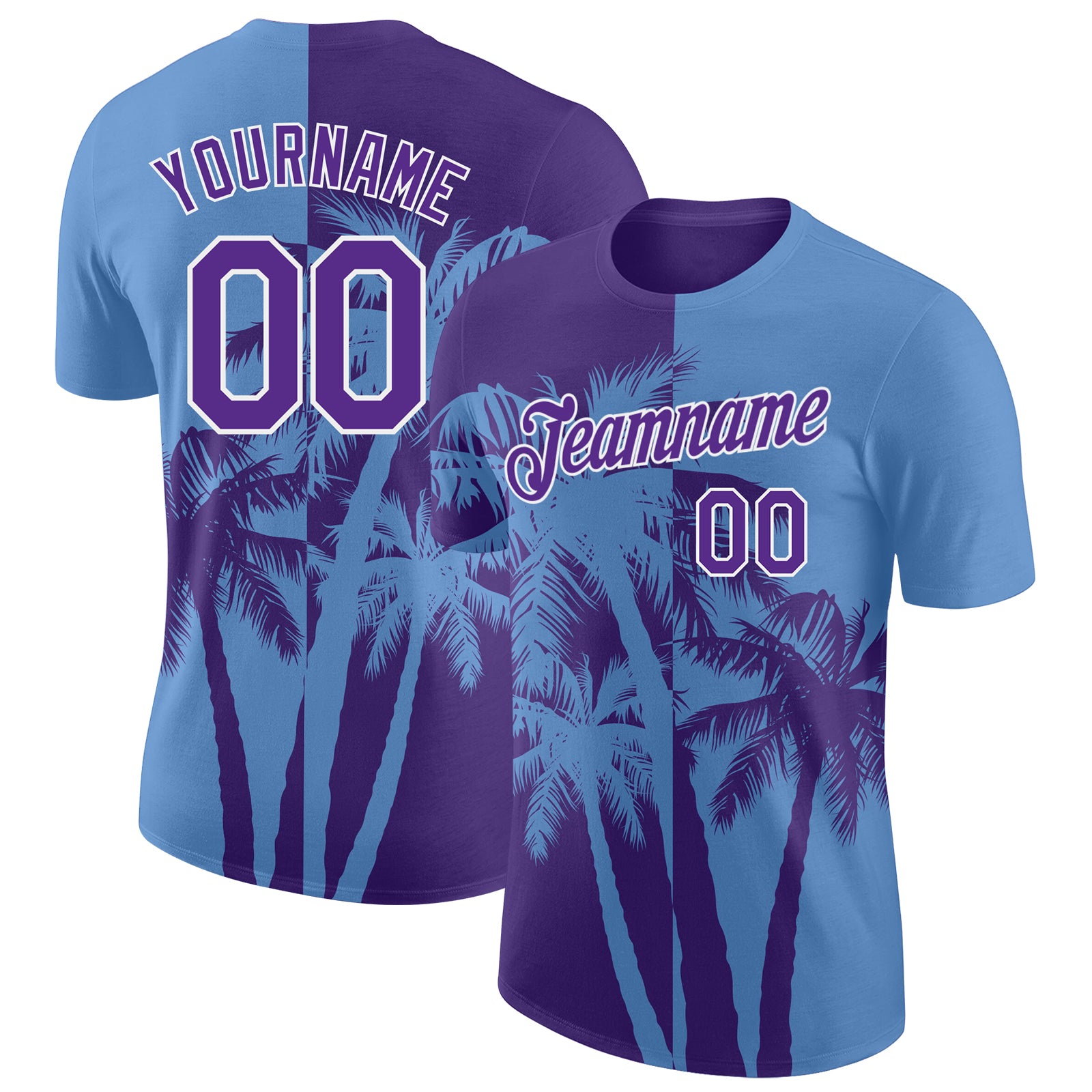Custom Light Blue Purple-White Hawaii Tropical Coastal Palm Trees Performance T-Shirt