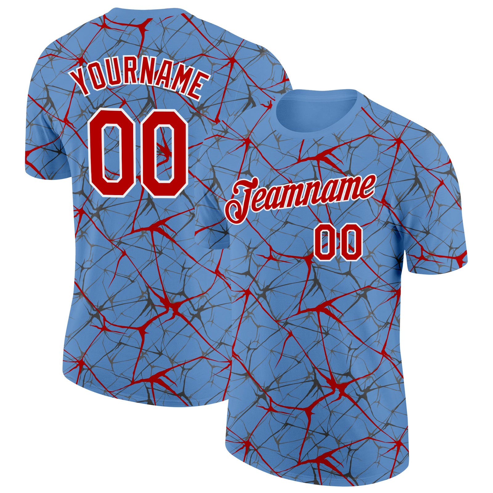 Custom Light Blue Red Gray-White Abstract Network Crackle Performance T-Shirt