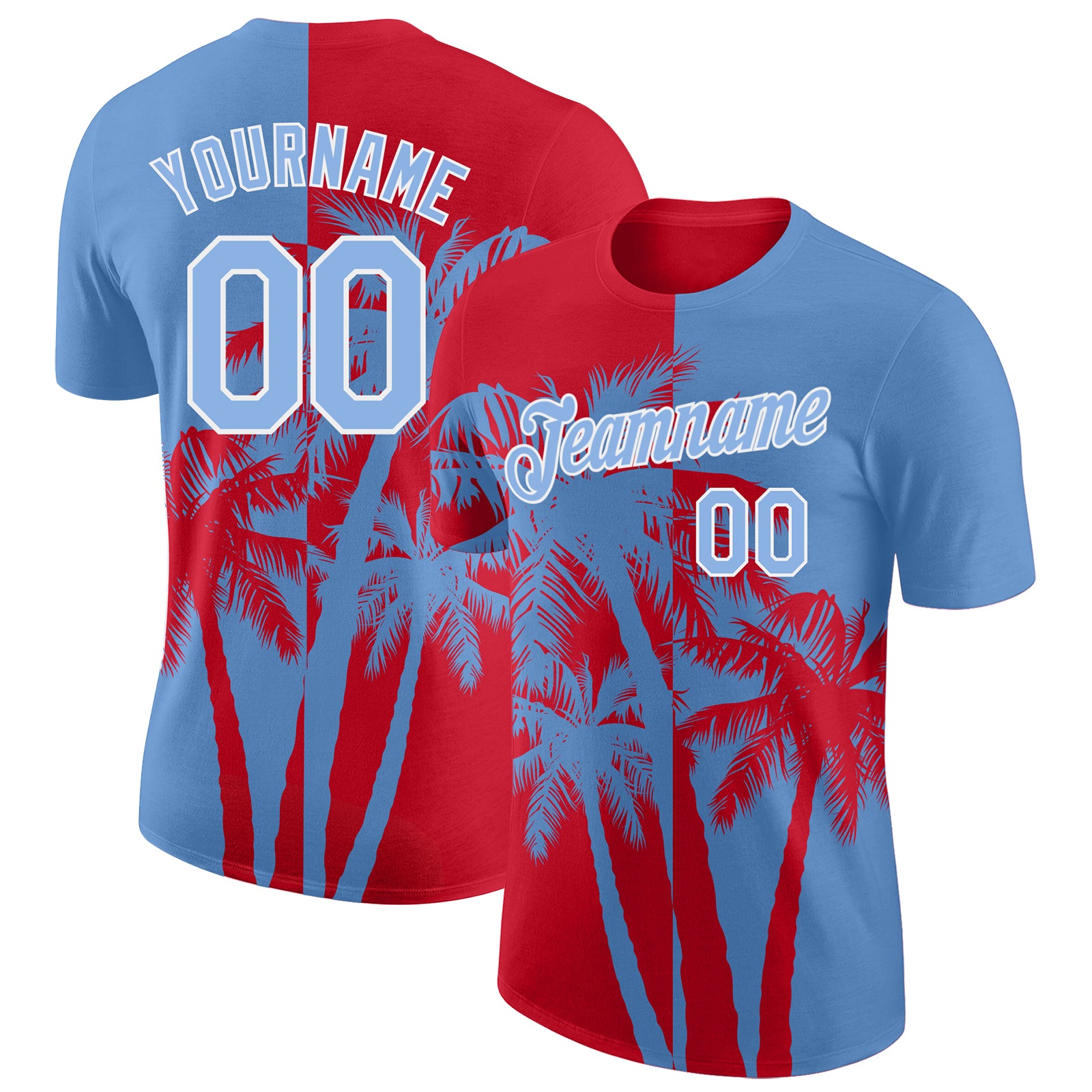 Custom Light Blue Red-White Hawaii Tropical Coastal Palm Trees Performance T-Shirt