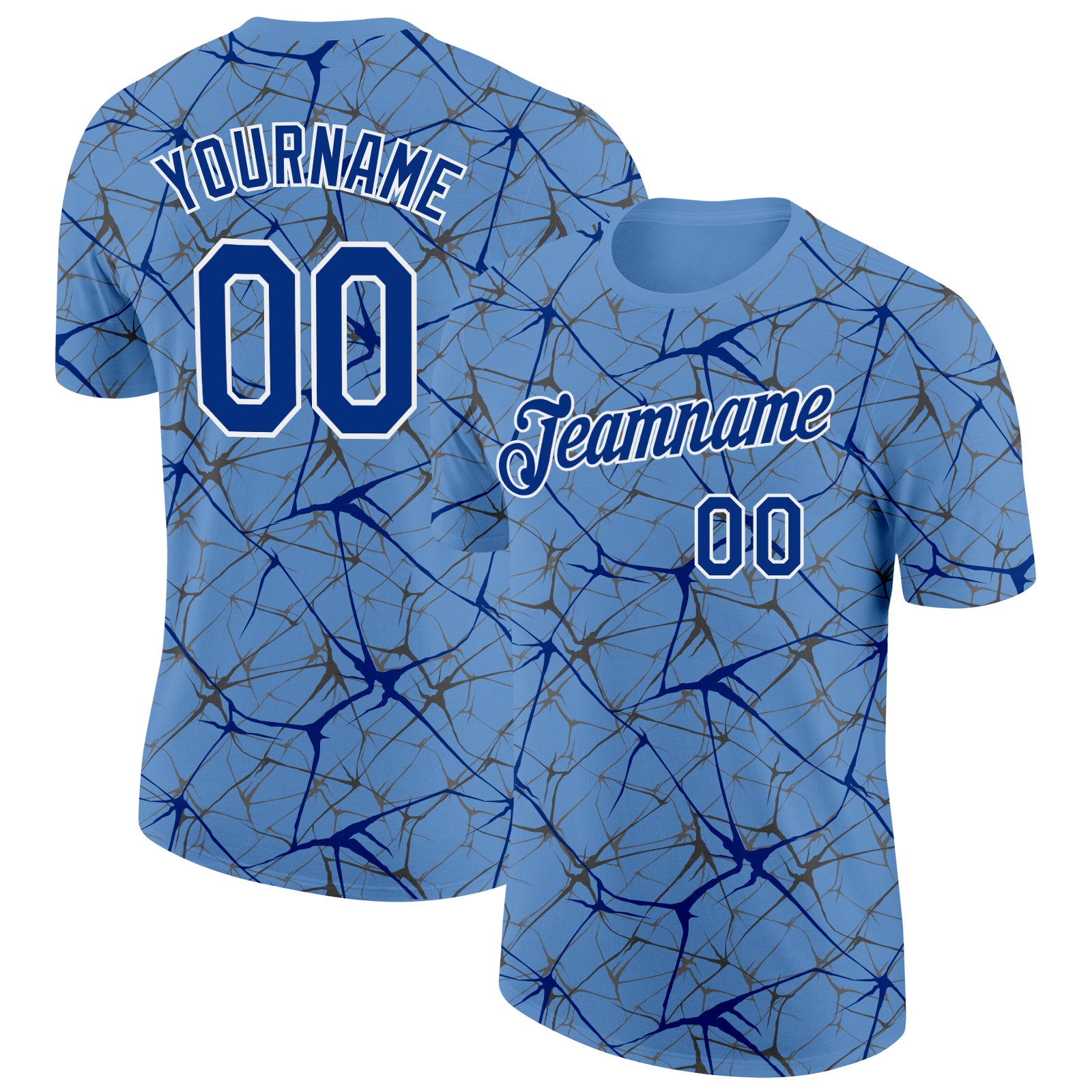Custom Light Blue Royal Gray-White Abstract Network Crackle Performance T-Shirt
