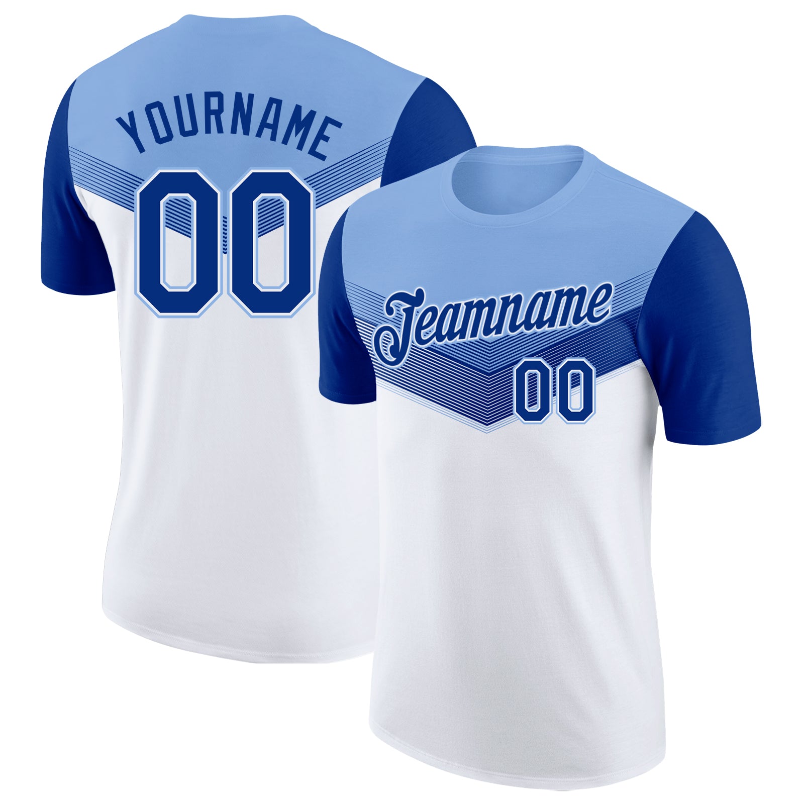Custom Light Blue Royal-White Geometric V-Lines Color Block Performance T-Shirt