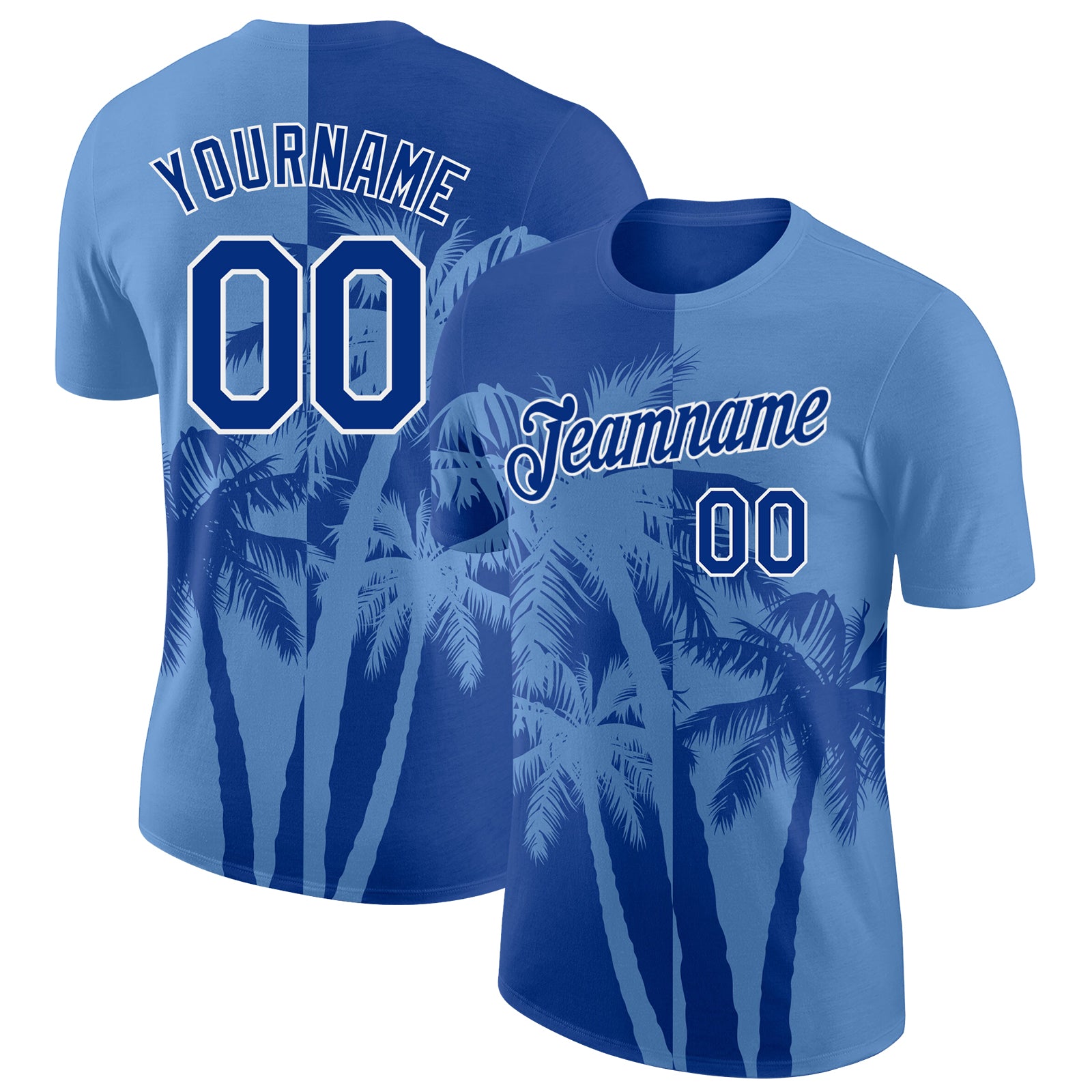 Custom Light Blue Royal-White Hawaii Tropical Coastal Palm Trees Performance T-Shirt