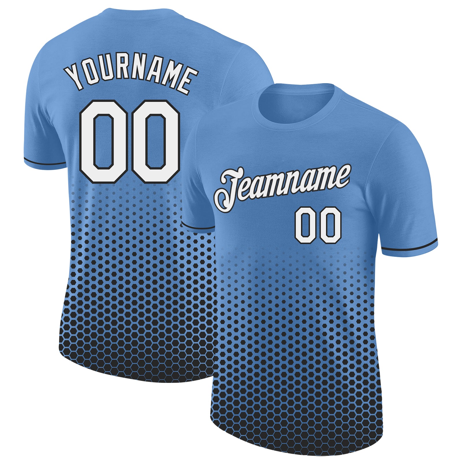 Custom Light Blue White-Black Geometric Hexagonal Dot Gradient Performance T-Shirt