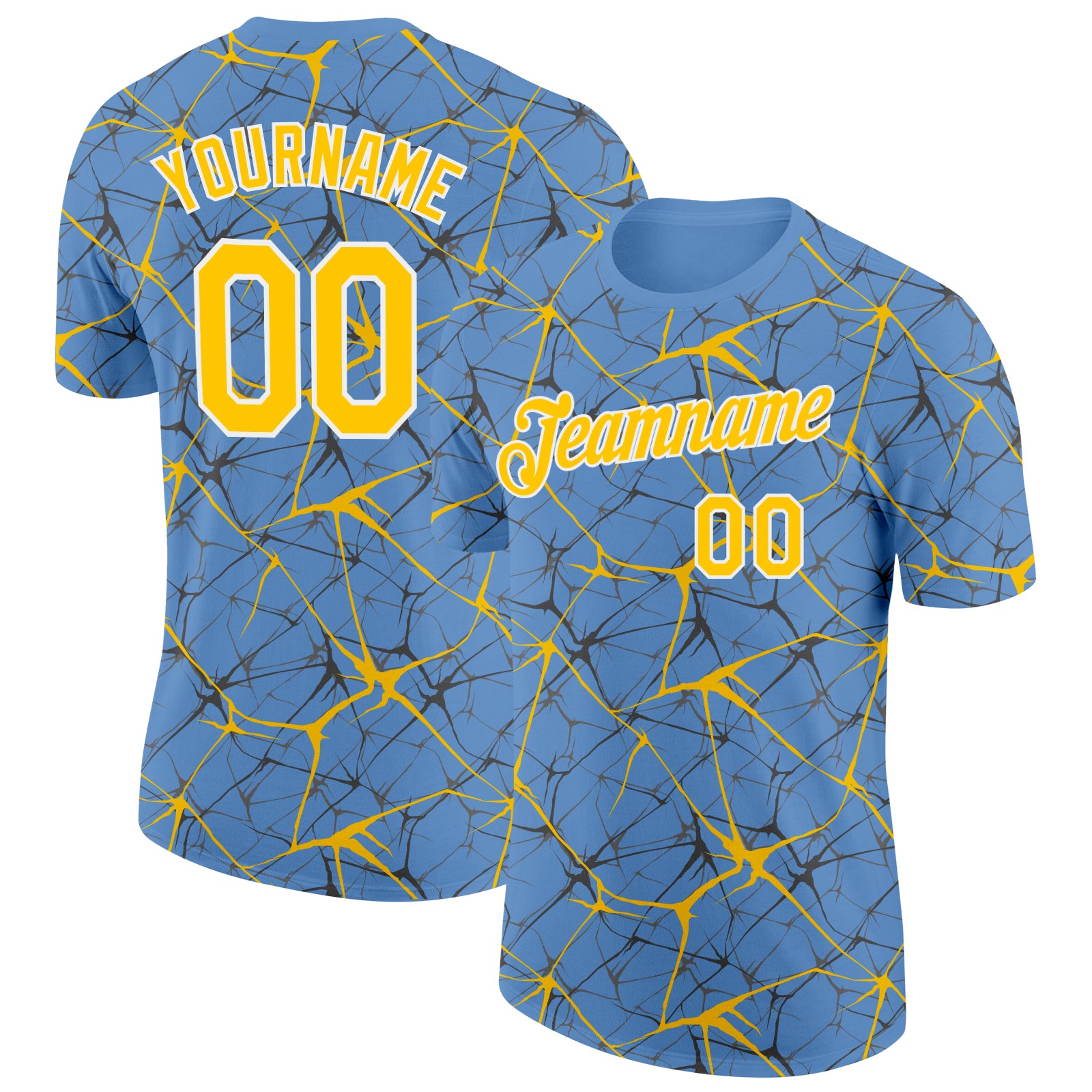 Custom Light Blue Yellow Gray-White Abstract Network Crackle Performance T-Shirt