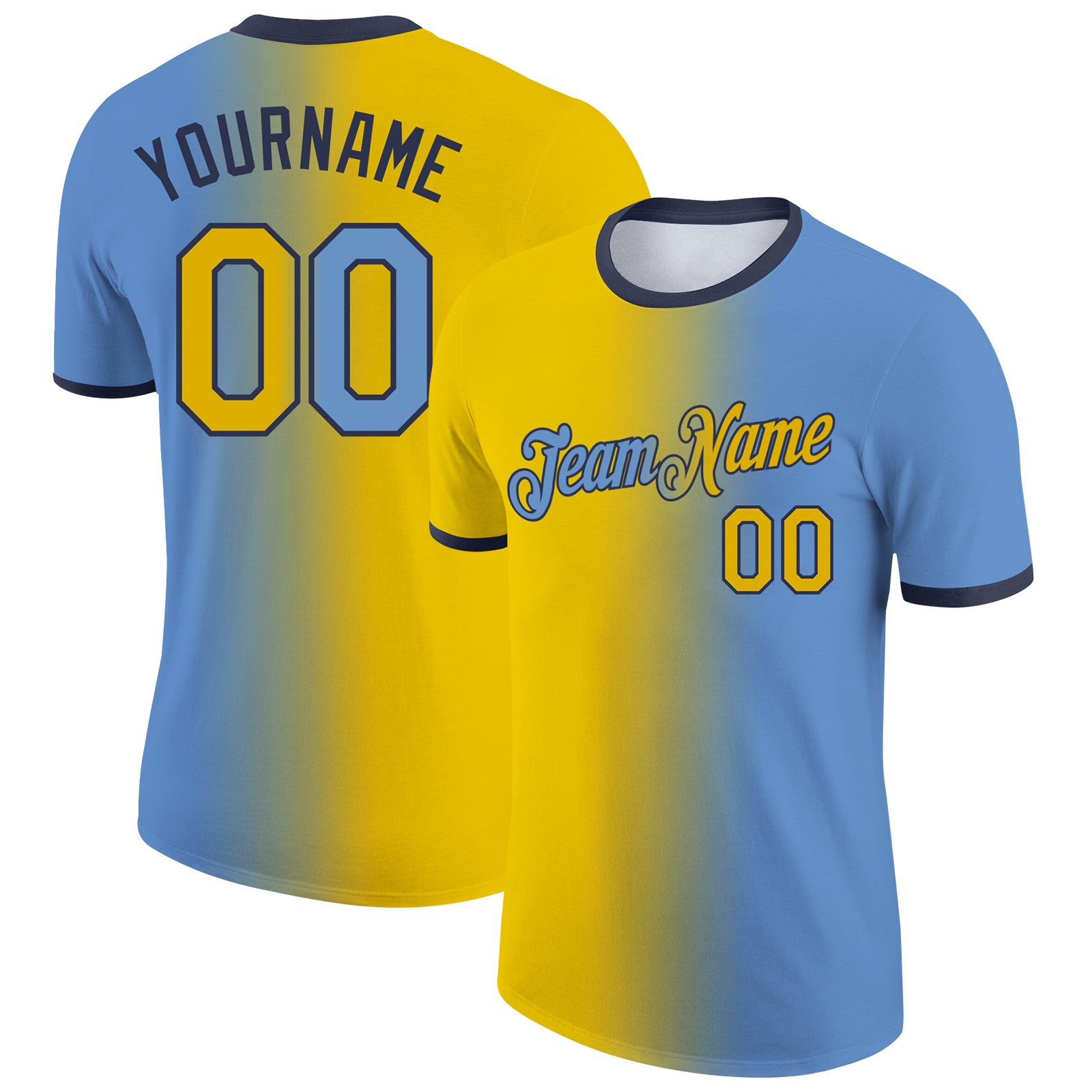 Custom Light Blue Yellow-Navy Gradient Fashion Performance T-Shirt
