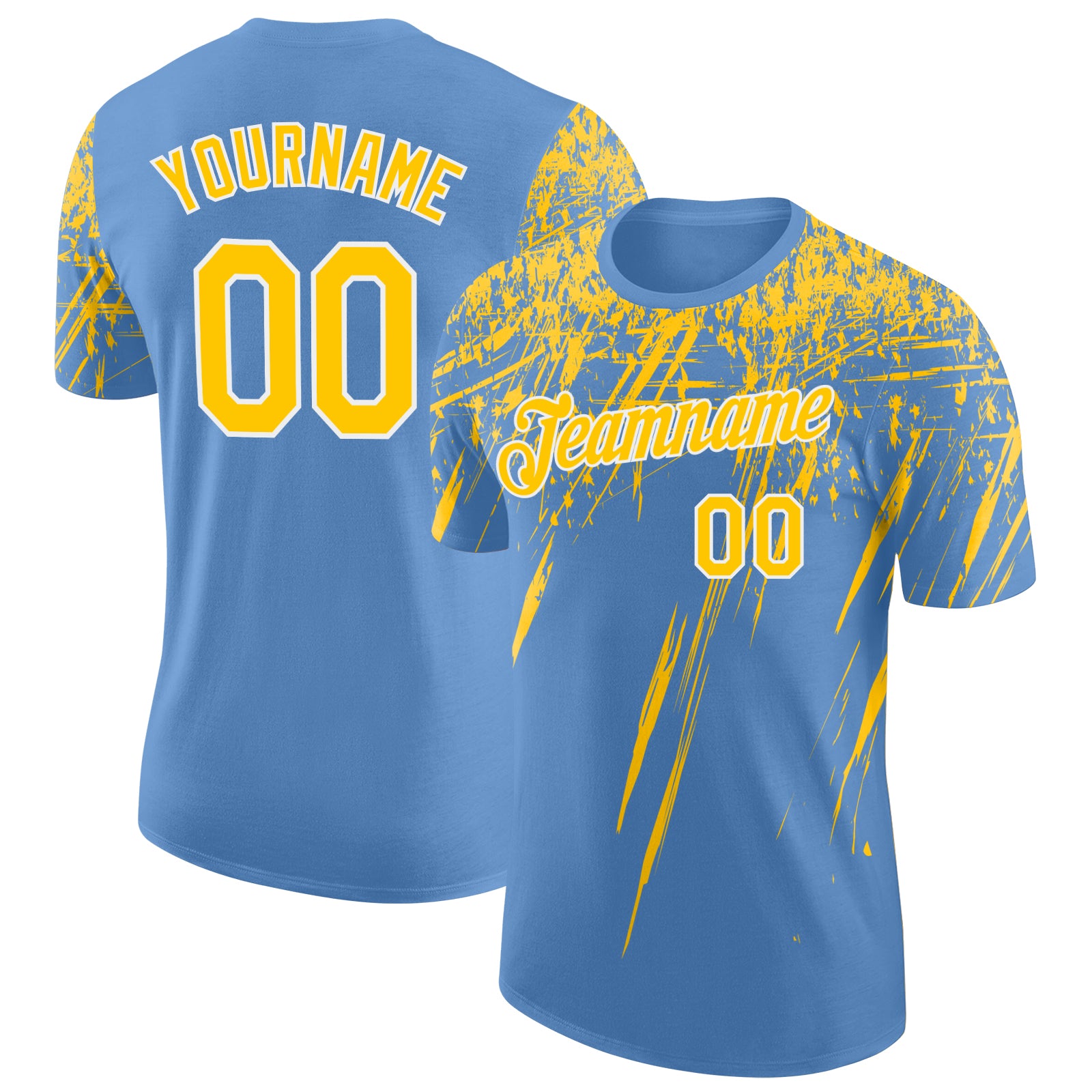 Custom Light Blue Yellow-White Distressed Scratch Brush Stroke Performance T-Shirt