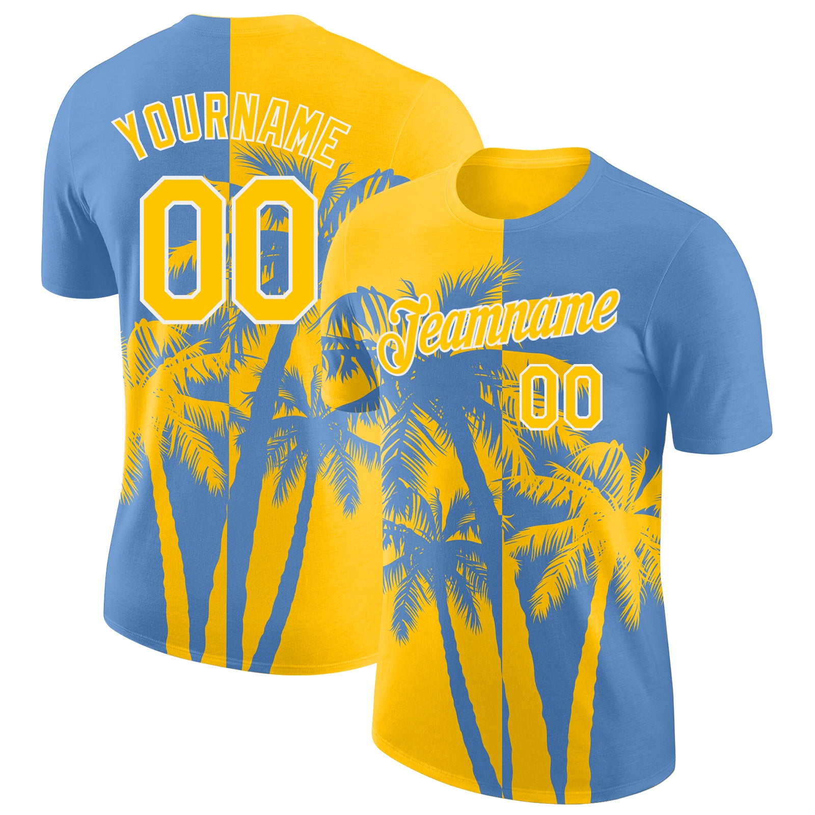 Custom Light Blue Yellow-White Hawaii Tropical Coastal Palm Trees Performance T-Shirt