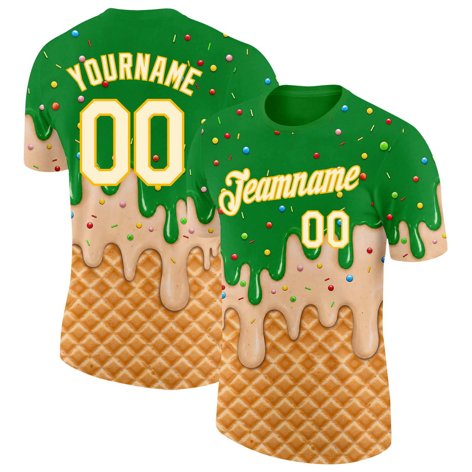 Custom Light Kelly Green Cream-Gold Ice Cream Waffle Foodie Dessert Performance T-Shirt