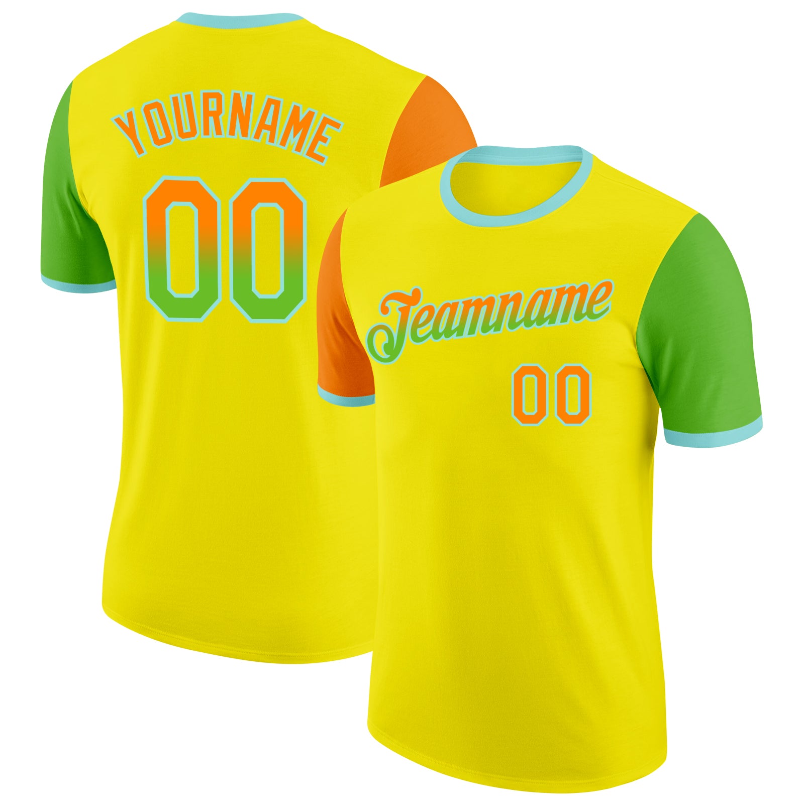 Custom Light Yellow Bay Orange Aurora Green-Ice Blue Gradient Two Tone Performance T-Shirt