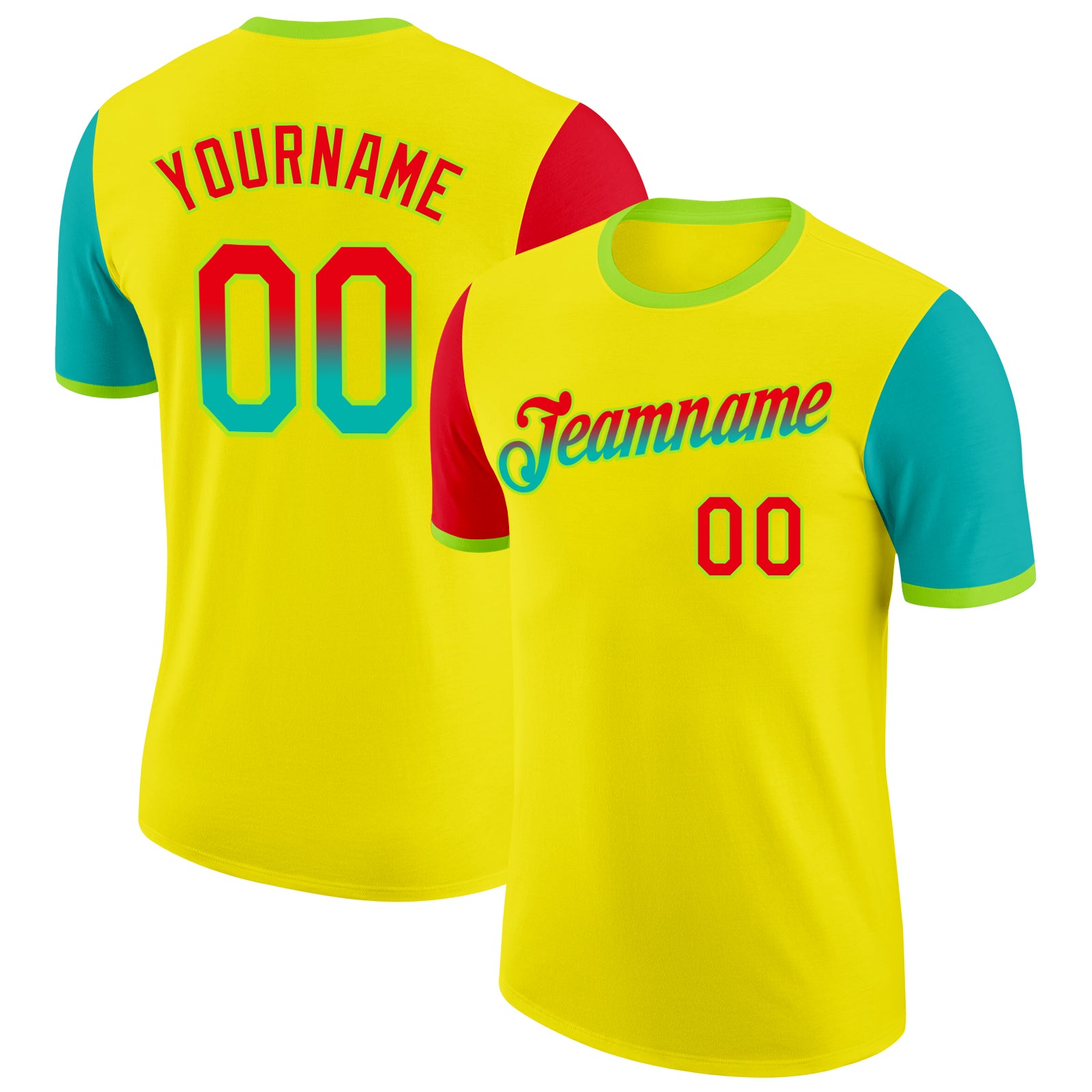Custom Light Yellow Fire Red Aqua-Neon Green Gradient Two Tone Performance T-Shirt