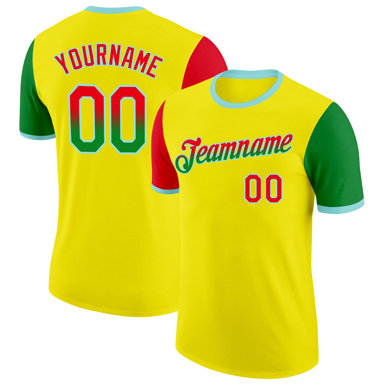 Custom Light Yellow Fire Red Grass Green-Ice Blue Gradient Two Tone Performance T-Shirt