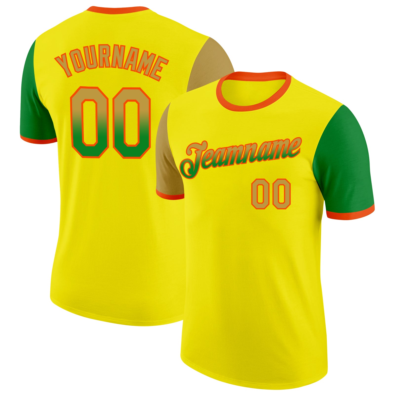 Custom Light Yellow Old Gold Grass Green-Orange Gradient Two Tone Performance T-Shirt